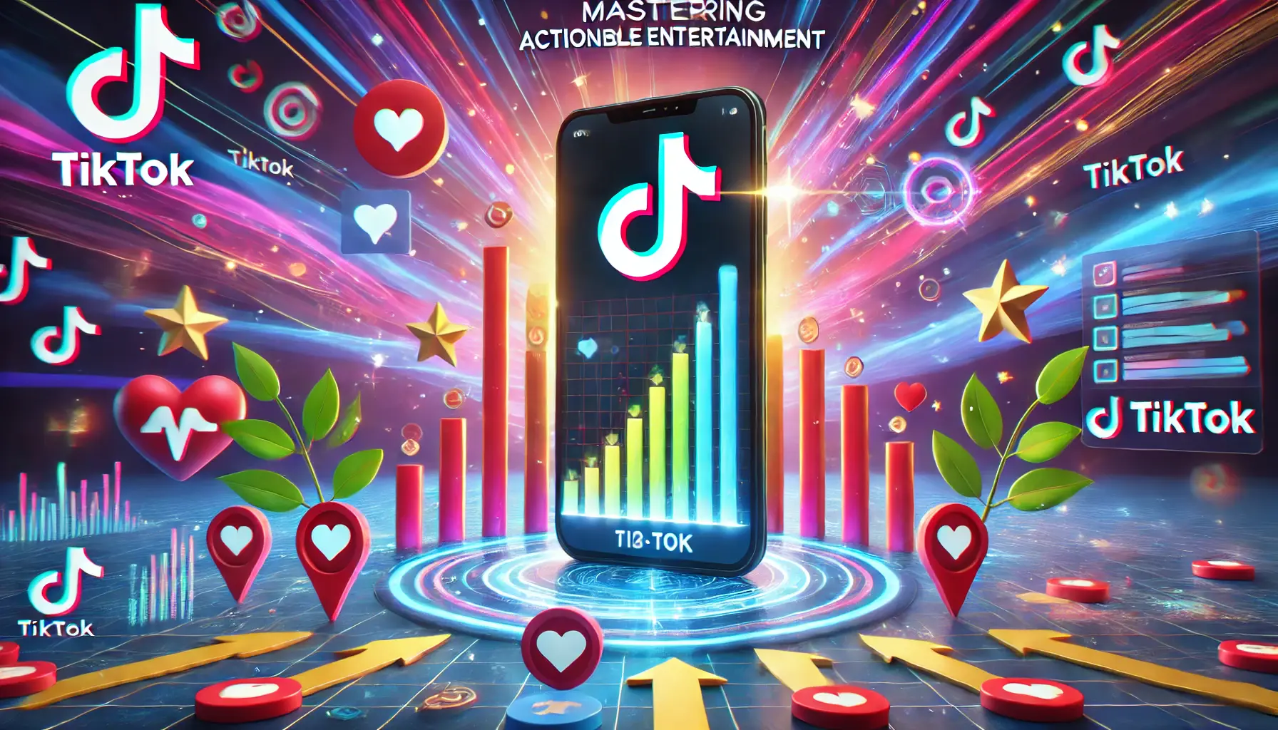 An image representing the mastery of actionable entertainment on TikTok, featuring a smartphone screen displaying a successful TikTok ad with high engagement, surrounded by dynamic elements like hearts, shares, and growth symbols, set against a vibrant and energetic background.