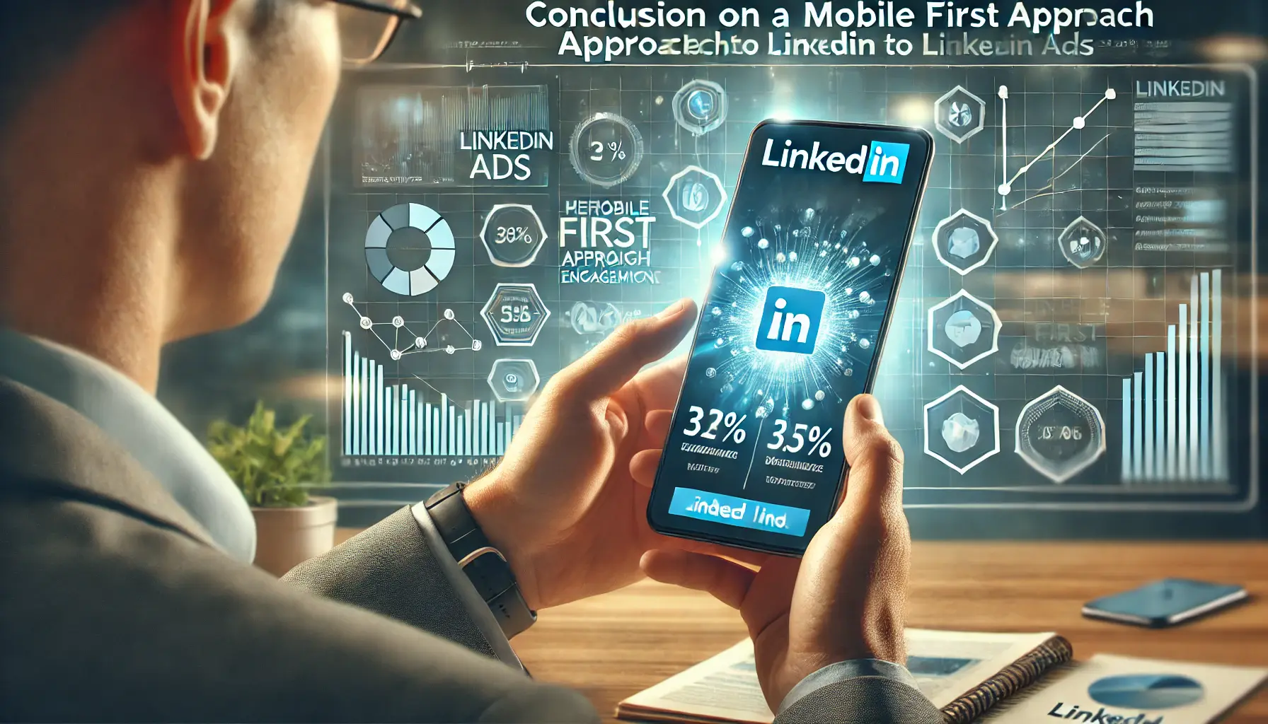 A mobile phone displaying final performance metrics of a successful LinkedIn ad campaign, with graphs and engagement indicators being analyzed.