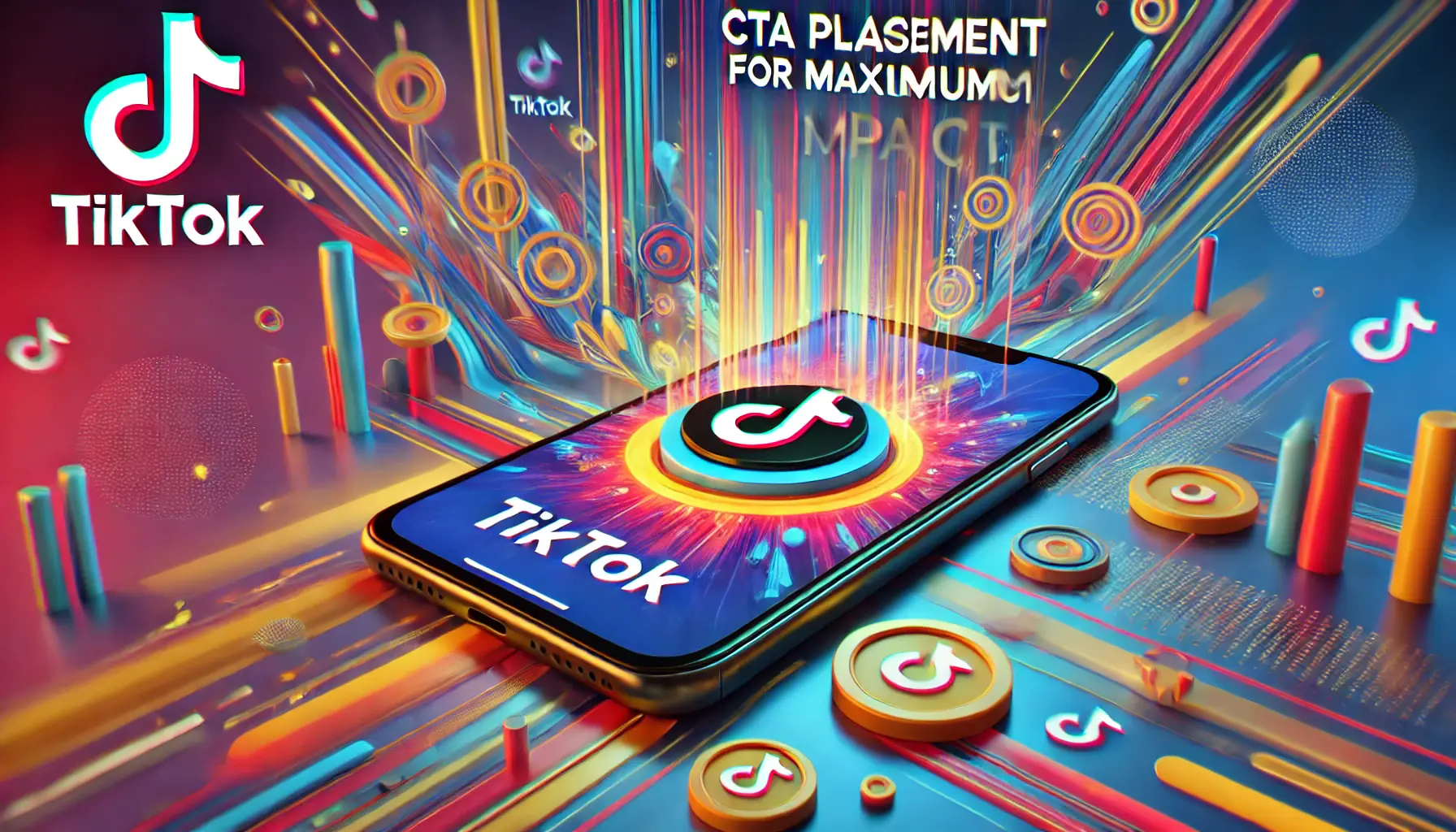 An image representing the importance of CTA placement for maximum impact in TikTok ads, featuring a smartphone screen with a prominently placed CTA button, set against a vibrant and dynamic background.