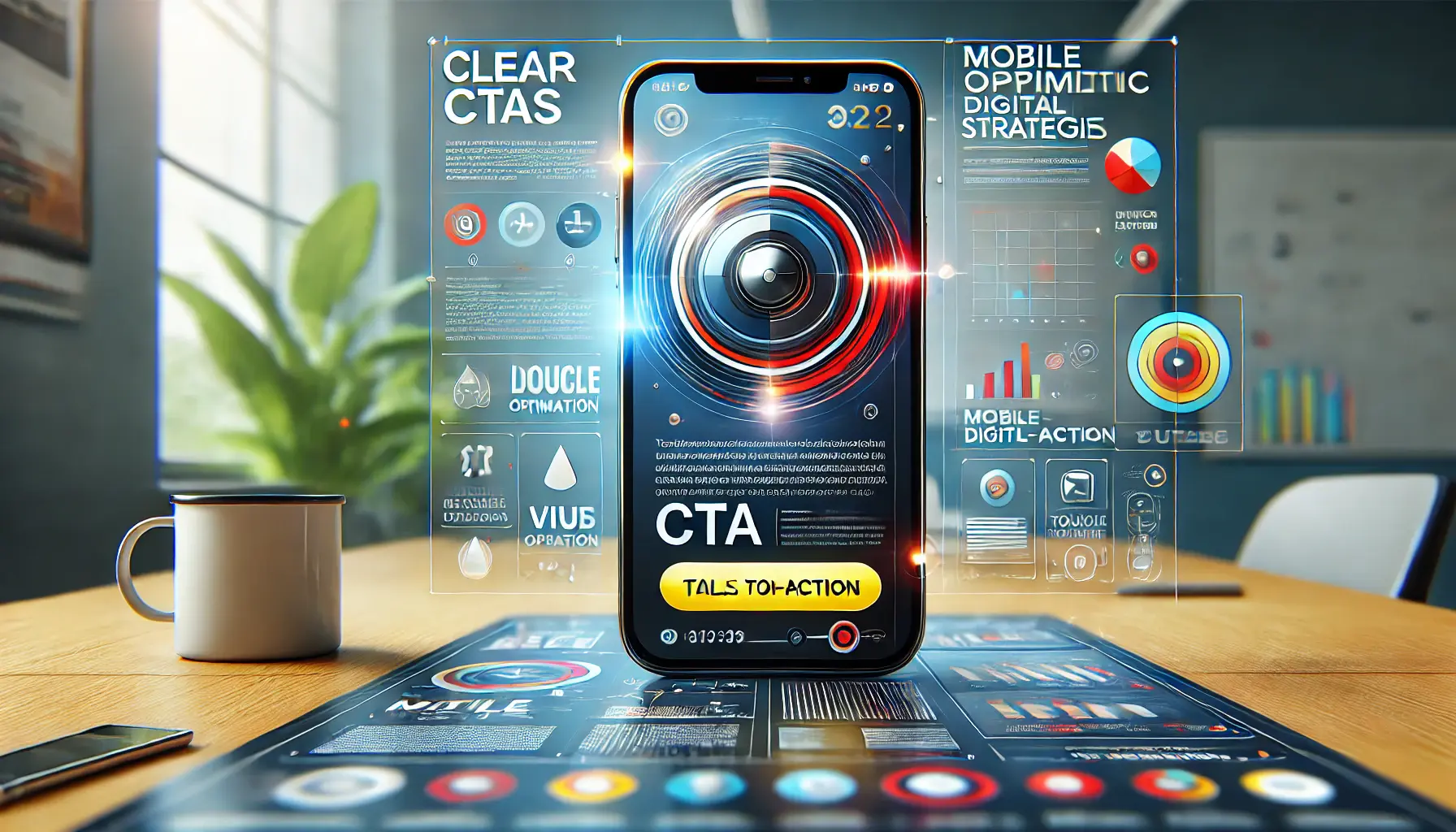 A mobile phone displaying an advertisement with a clear CTA button and vivid visuals in a professional setting.