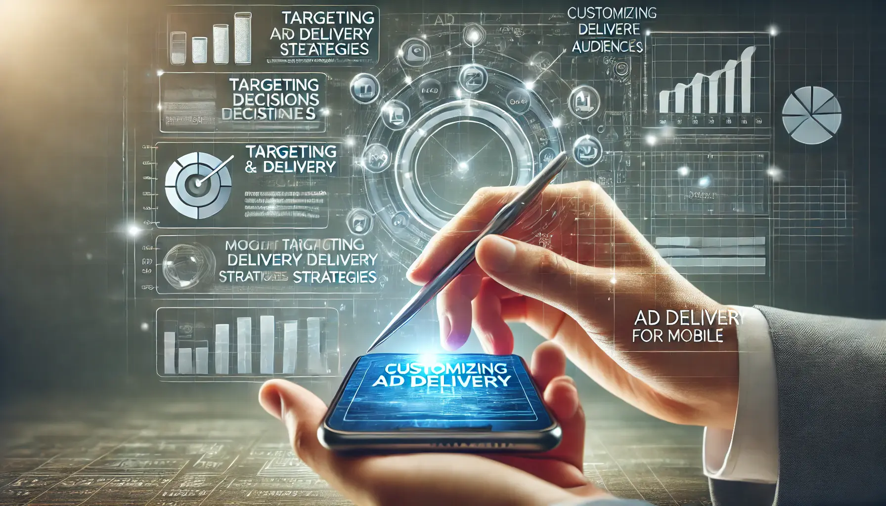 A mobile phone displaying a digital marketing dashboard with ad delivery settings being customized by a professional.