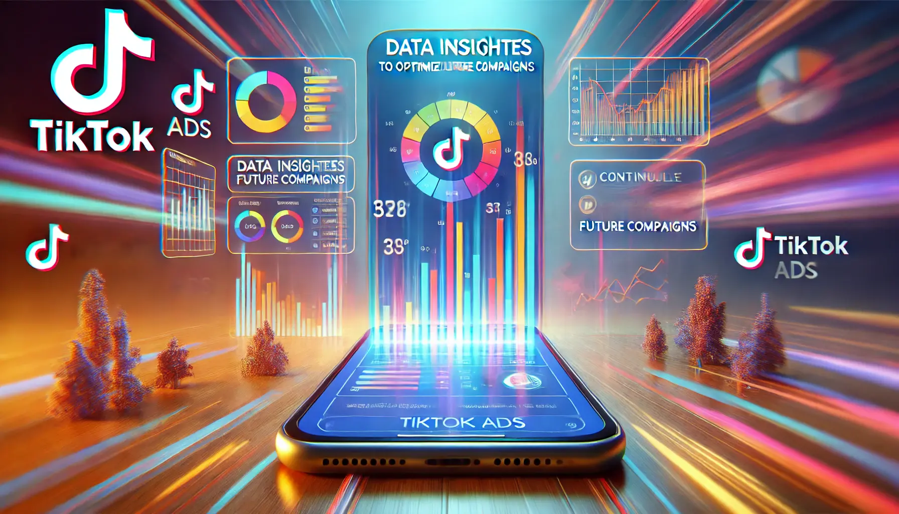 An image representing data insights to optimize future campaigns in TikTok ads, featuring a smartphone screen displaying an analytics dashboard with charts and performance metrics, set against a vibrant and dynamic background.