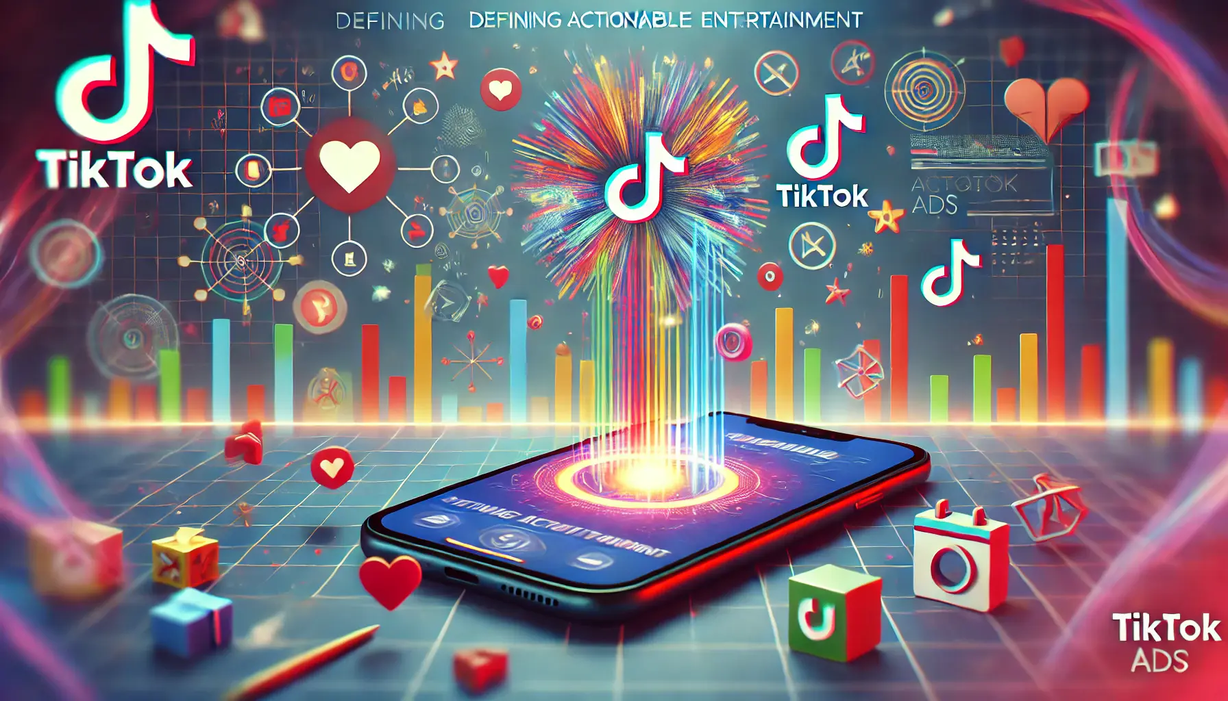 An image representing the concept of defining actionable entertainment in TikTok ads, showcasing a playful and interactive scene with social media icons, a vibrant smartphone screen, and a dynamic, colorful background.