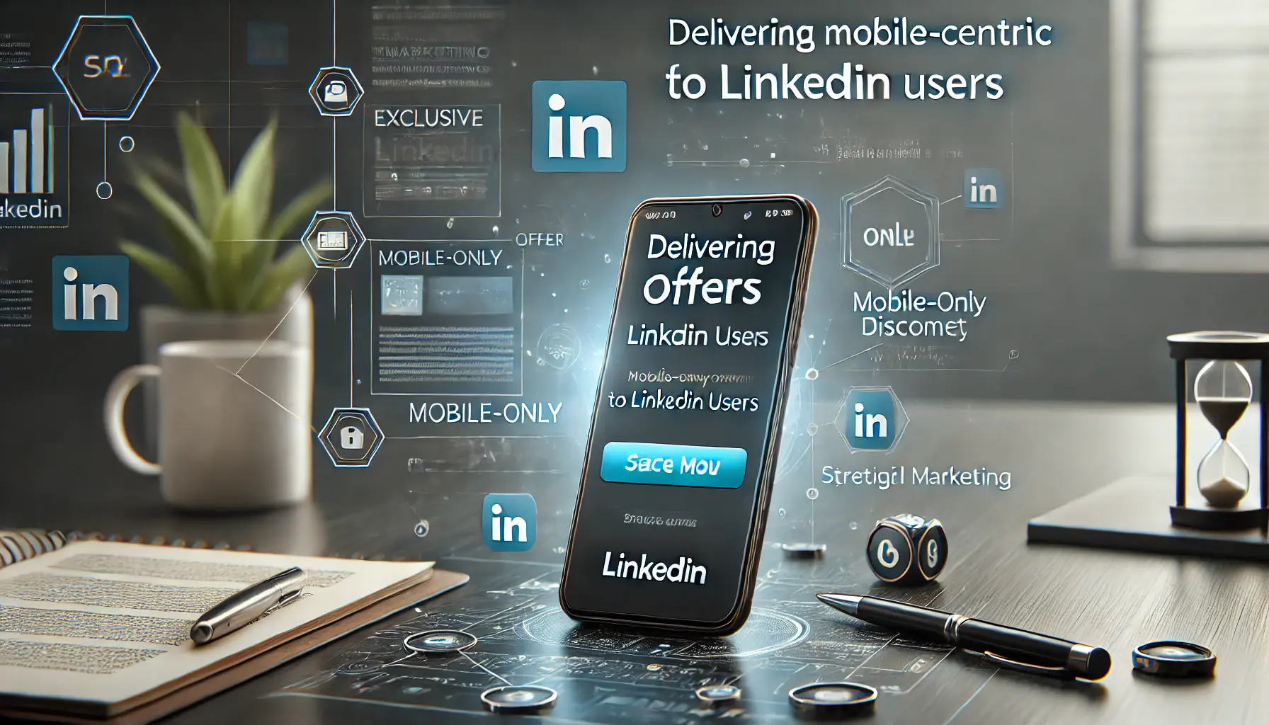 A mobile phone displaying an exclusive offer for LinkedIn users, emphasizing mobile-only promotions in a professional setting.