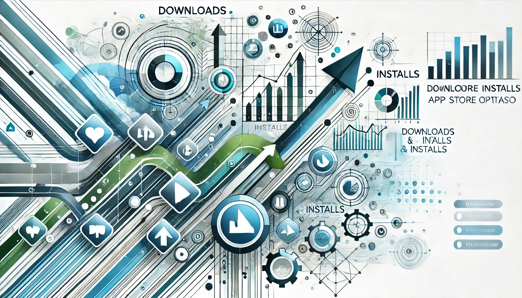 Abstract visual representing downloads and installs as core metrics for ASO, with download icons and upward arrows symbolizing growth