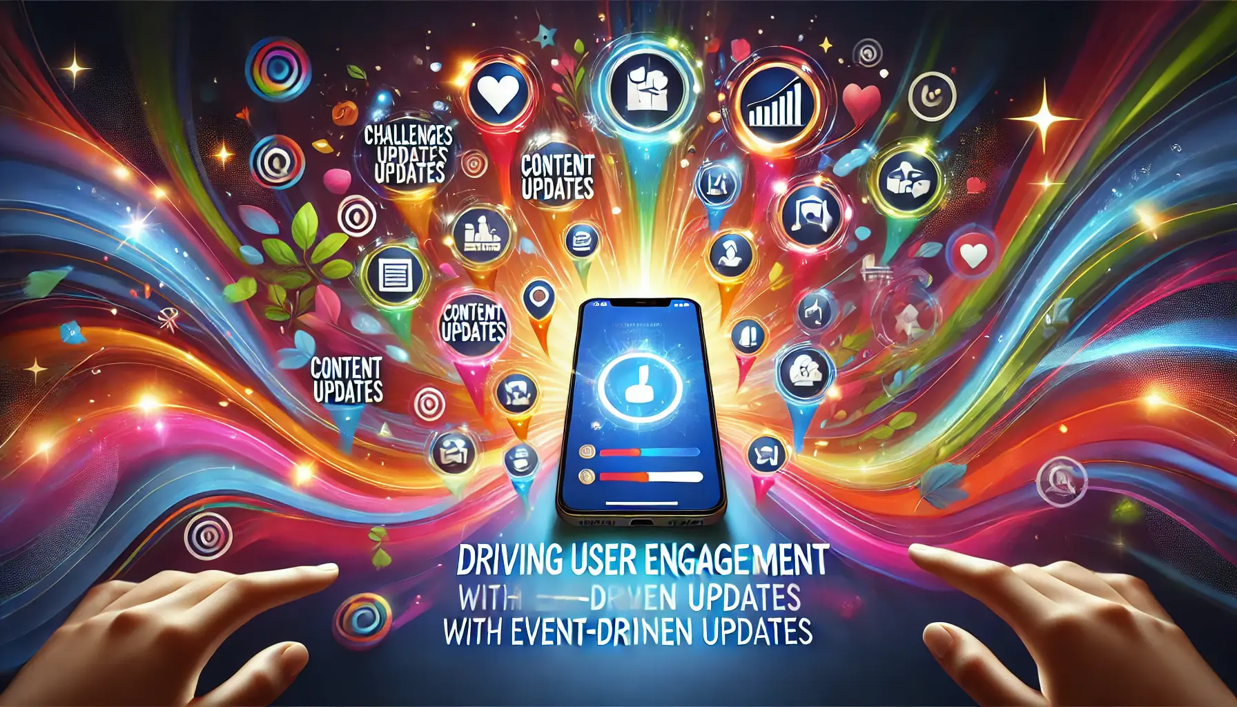 A smartphone surrounded by glowing, dynamic icons representing event-driven updates like challenges, content updates, and promotions.