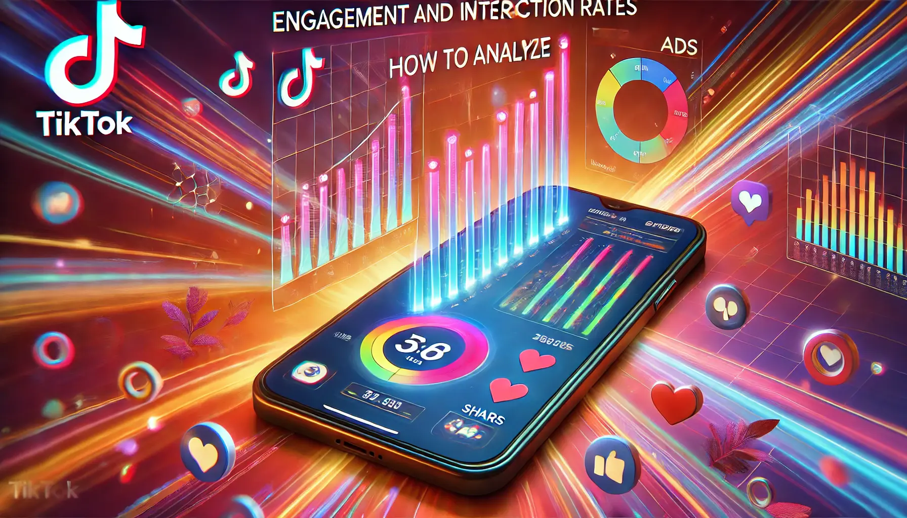 An image representing the analysis of engagement and interaction rates for TikTok ads, featuring a smartphone screen displaying an analytics interface with charts, graphs, and interaction icons like hearts, shares, and comments, set against a vibrant and dynamic background.