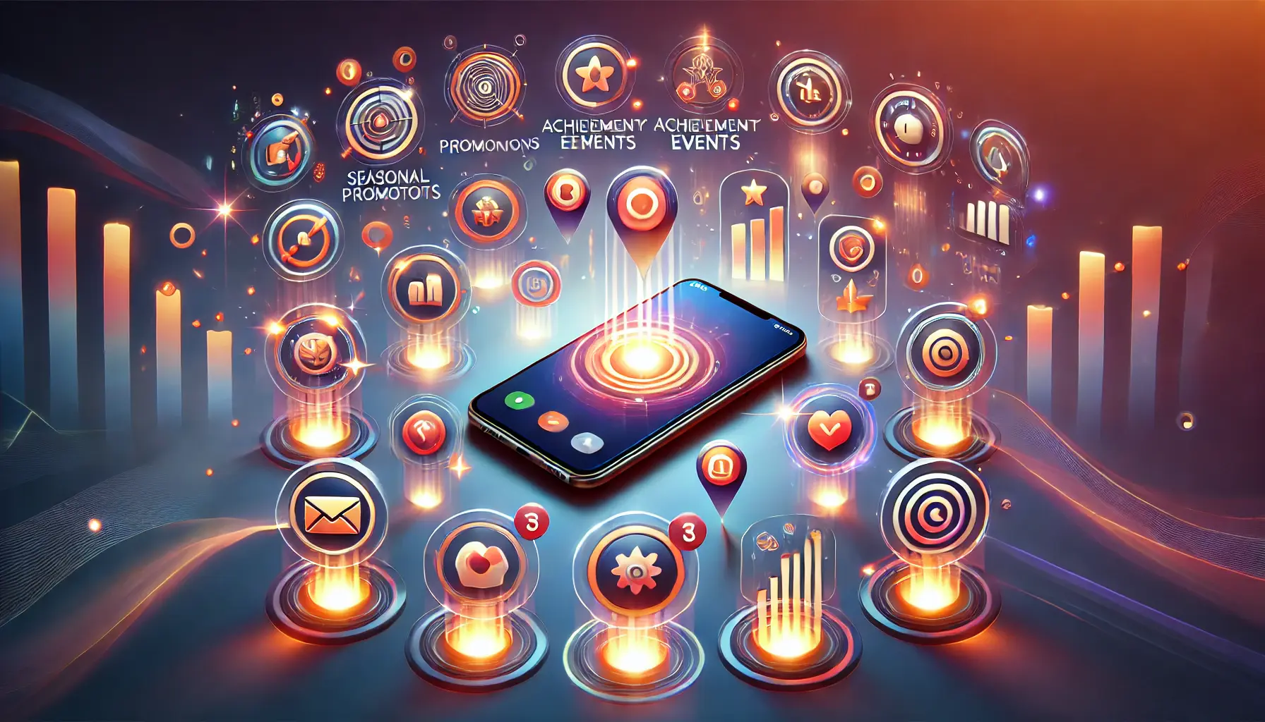 A smartphone surrounded by glowing icons representing various types of in-app events like seasonal promotions, achievement-based events, and content updates.