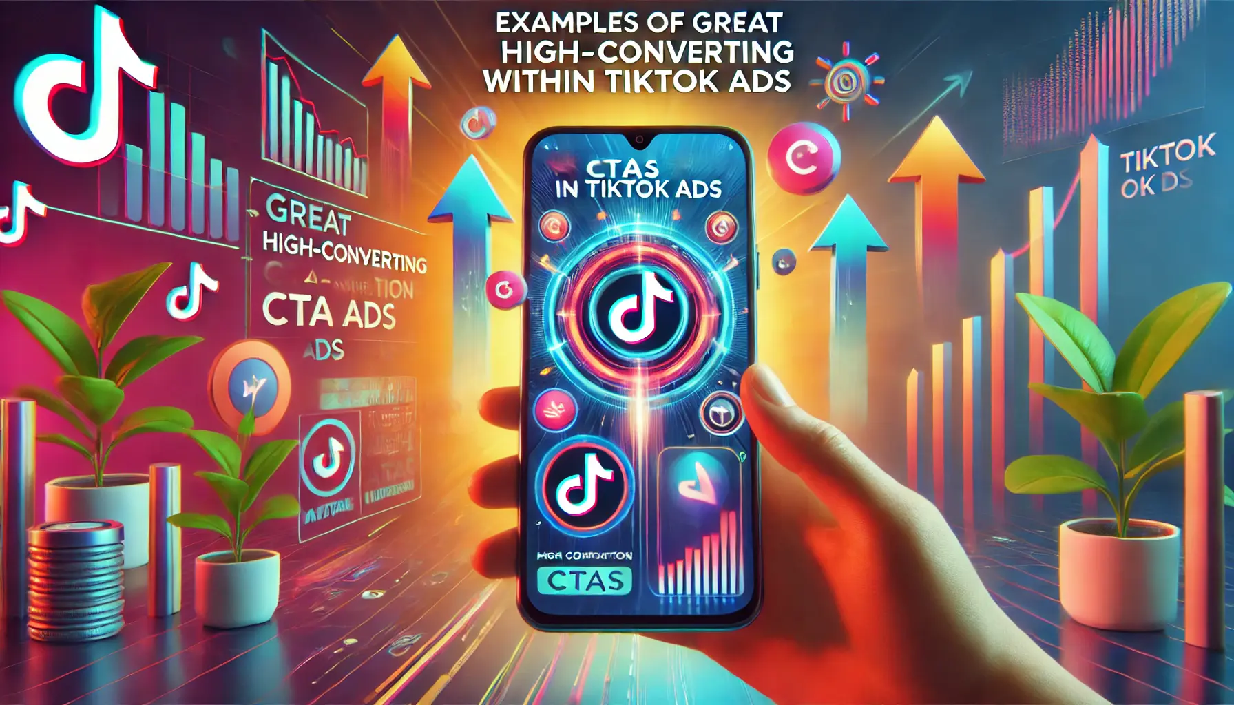 An image representing great high-converting CTAs within TikTok ads, featuring a smartphone screen displaying a TikTok ad with a prominent CTA button, set against a vibrant background with abstract symbols of success and growth.