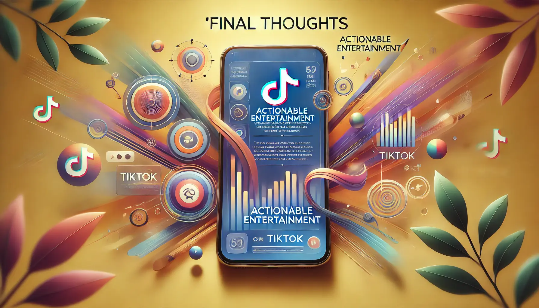 An image representing final thoughts on actionable entertainment on TikTok, featuring a smartphone screen displaying concluding elements of a TikTok ad campaign, with a calm and balanced design set against a vibrant yet subdued background.