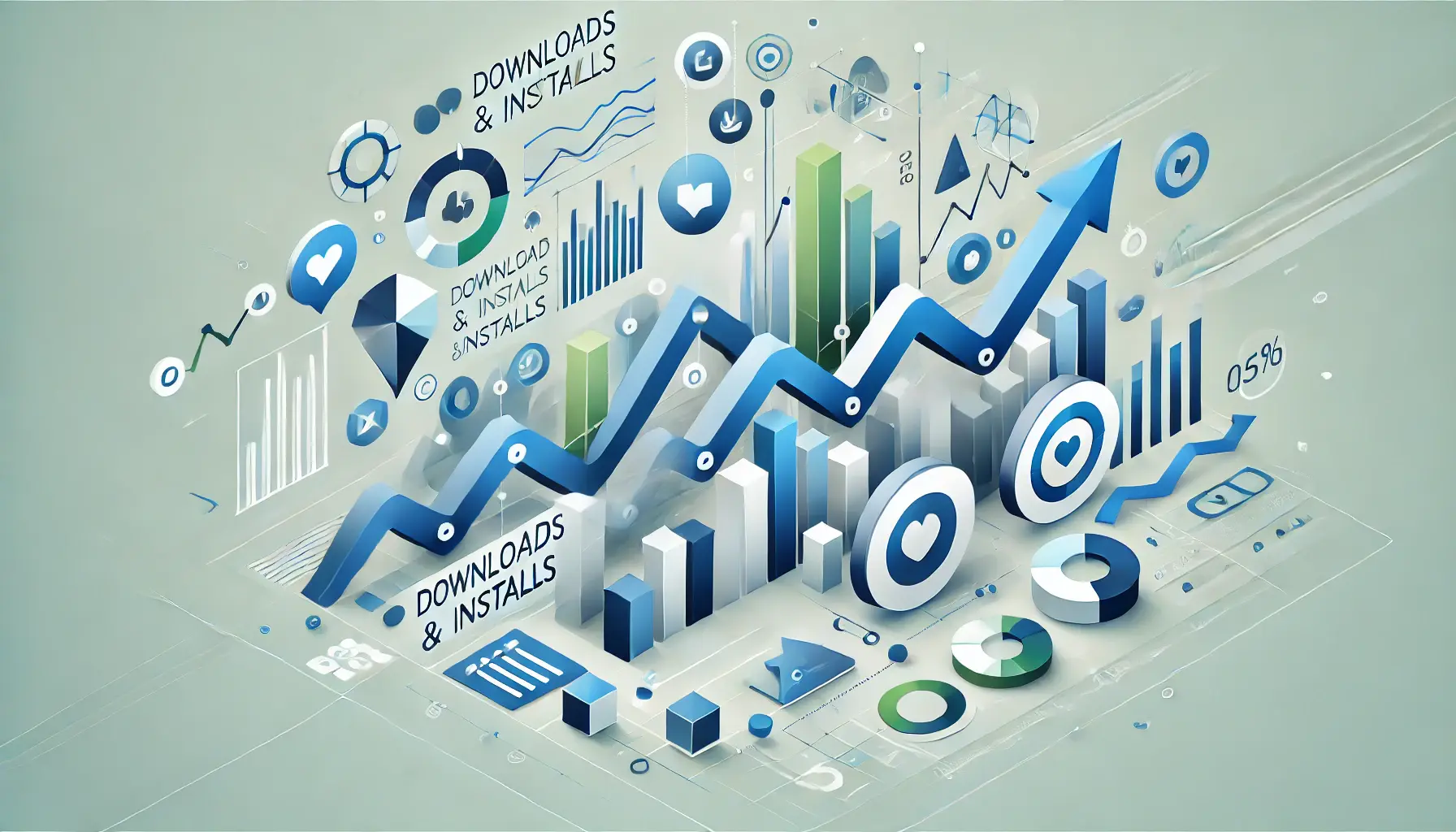 Abstract representation showing the importance of tracking downloads and installs with dynamic download arrows and growth indicators