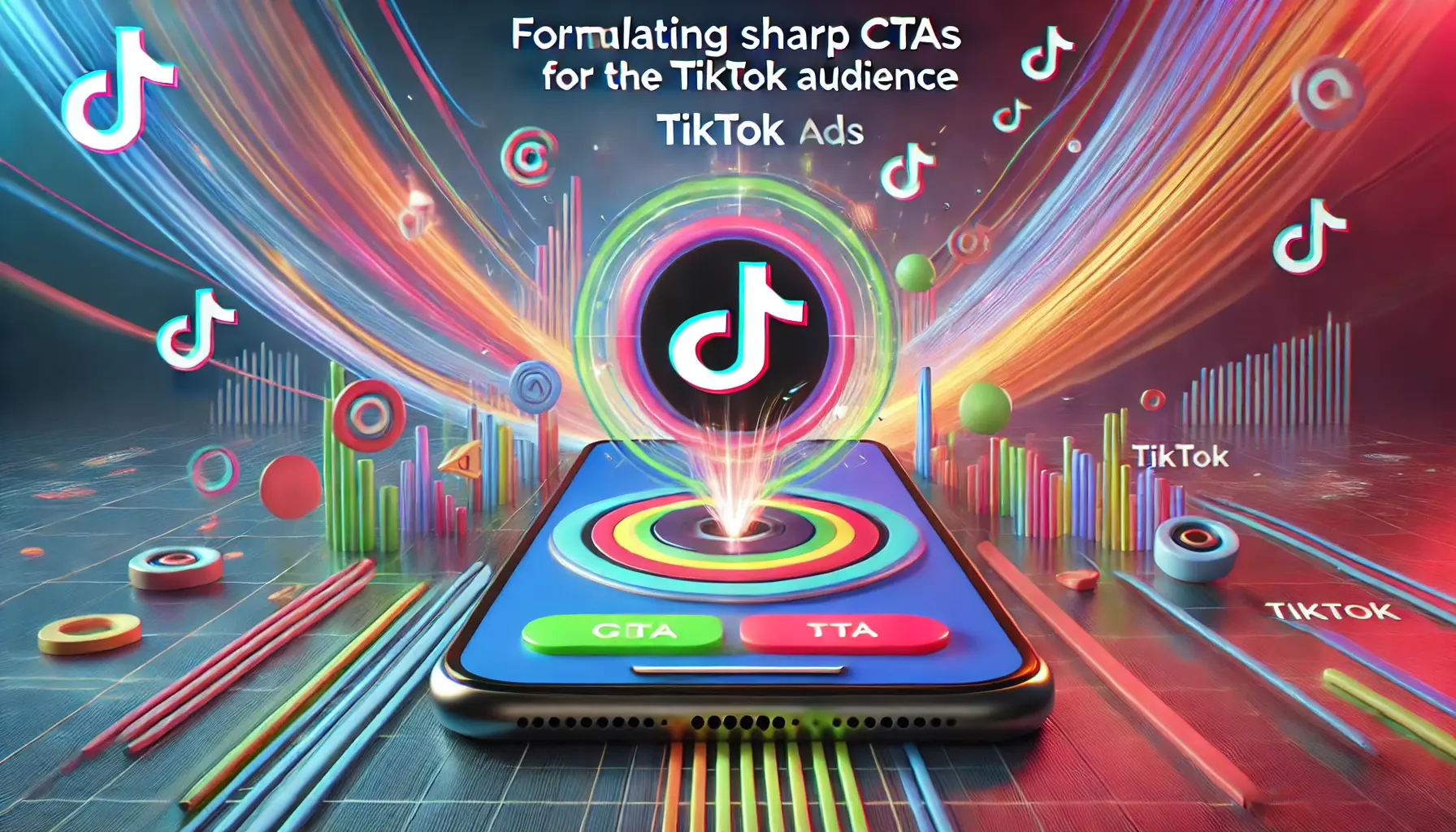 An image representing the concept of formulating sharp CTAs for the TikTok audience, featuring a smartphone screen displaying a TikTok ad with a dynamic and visually engaging CTA button, set against a colorful and dynamic background.