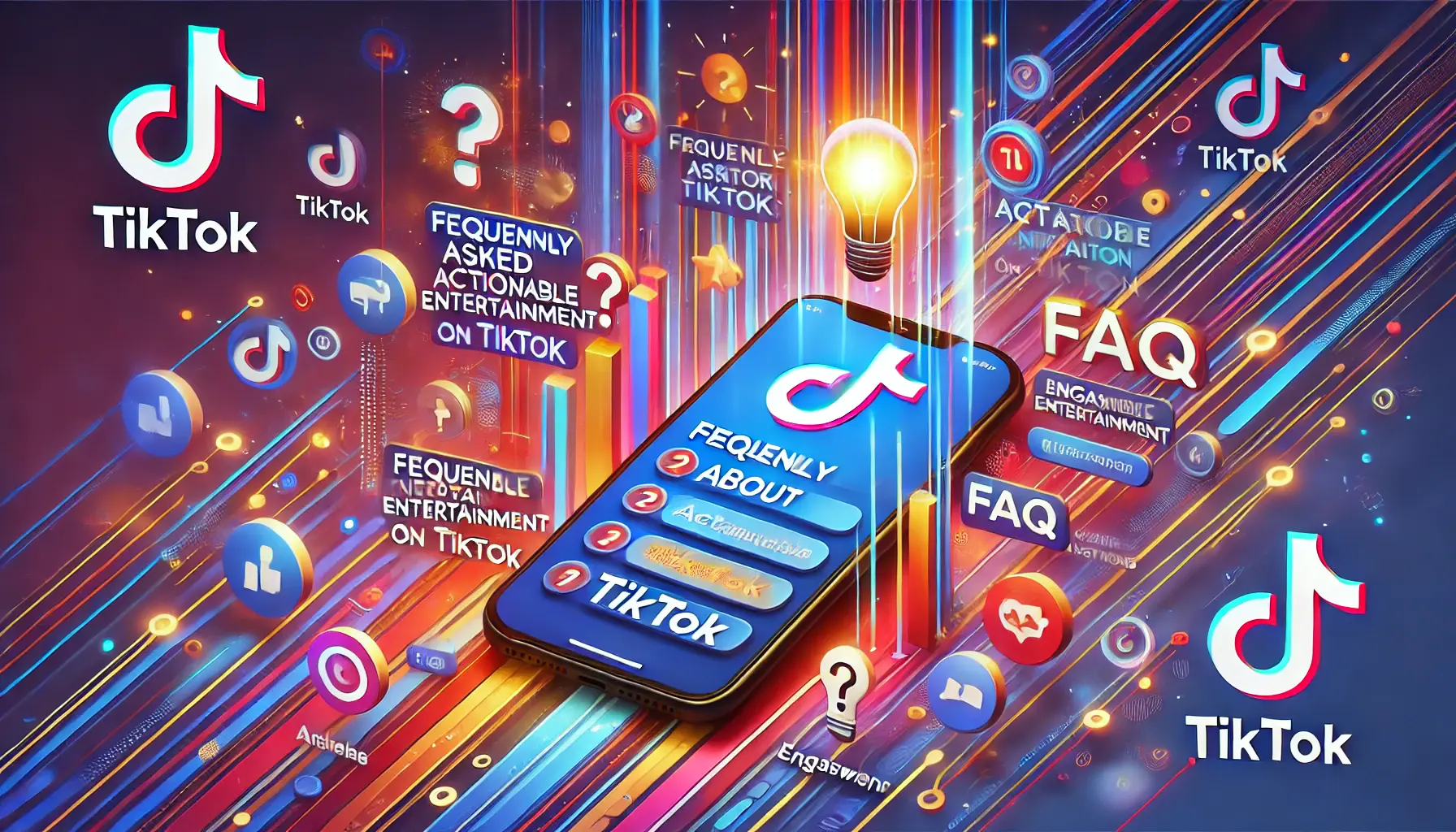 An image representing frequently asked questions about actionable entertainment on TikTok, featuring a smartphone screen with icons like question marks and light bulbs, set against a vibrant and dynamic background.