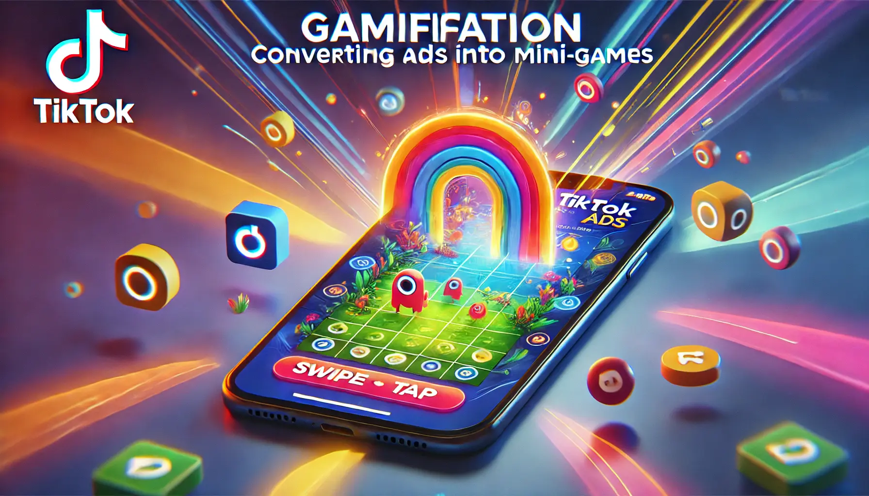 An image representing the concept of converting ads into mini-games on TikTok, featuring a smartphone screen displaying an engaging mini-game with interactive swipe and tap actions, set against a dynamic and vibrant background.