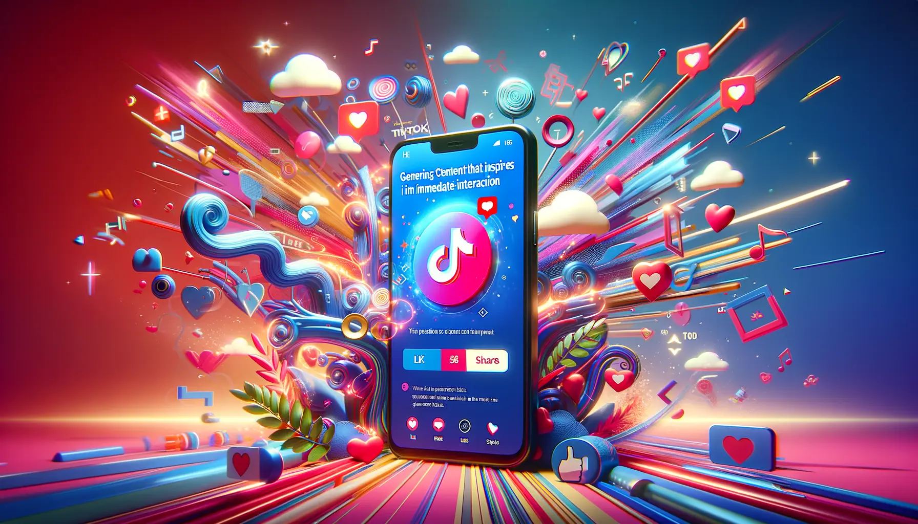 An image representing generating content that inspires immediate interaction for TikTok ads, featuring a smartphone screen with a highly engaging video and interactive elements like hearts, shares, and comments, set against a vibrant and dynamic background.