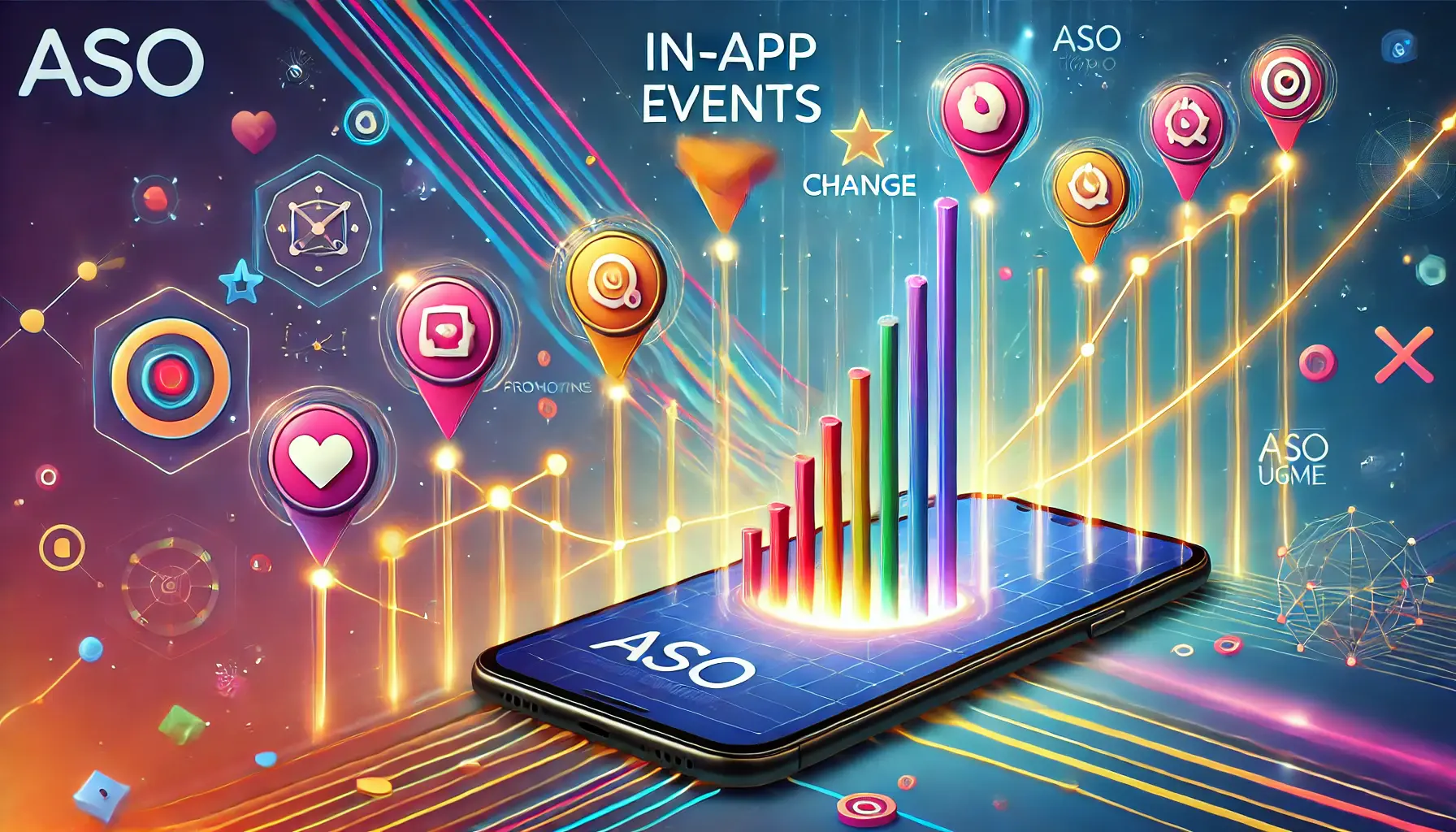 A smartphone displaying vibrant icons representing in-app events like promotions and challenges, connected to a growing chart symbolizing positive ASO impact.