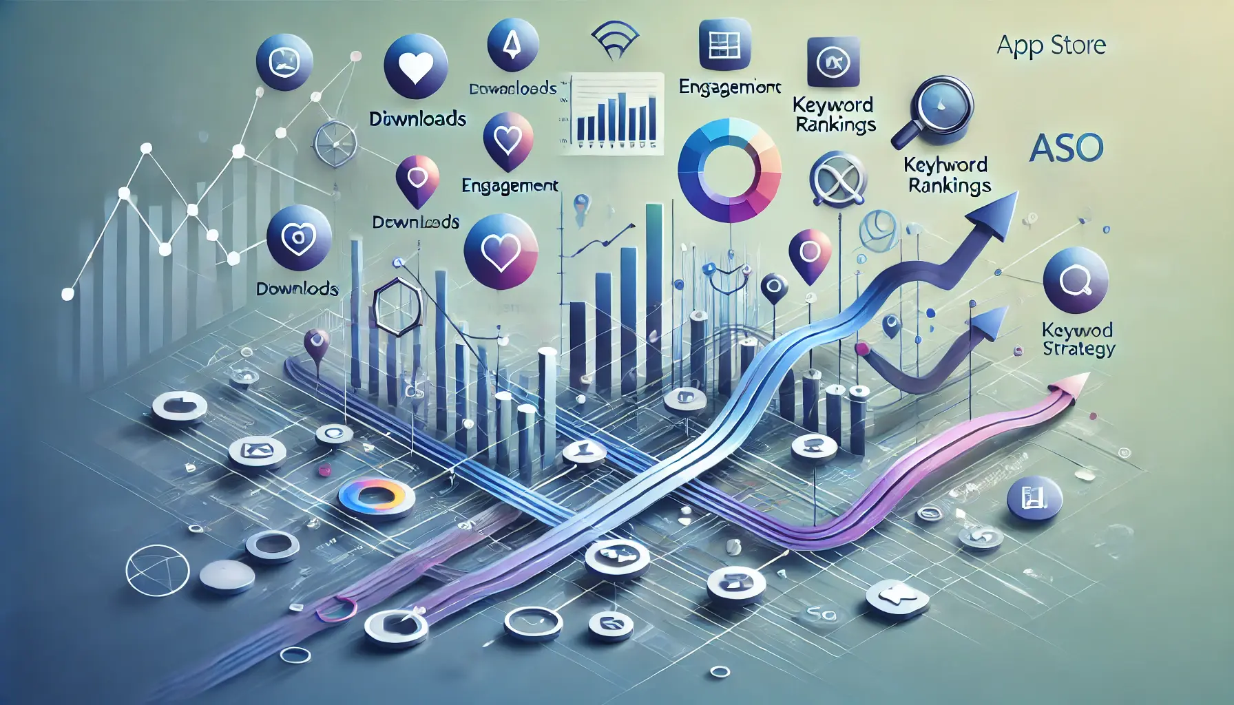 Abstract visual showing interconnected data points and graphs symbolizing the influence of app store metrics on ASO strategy