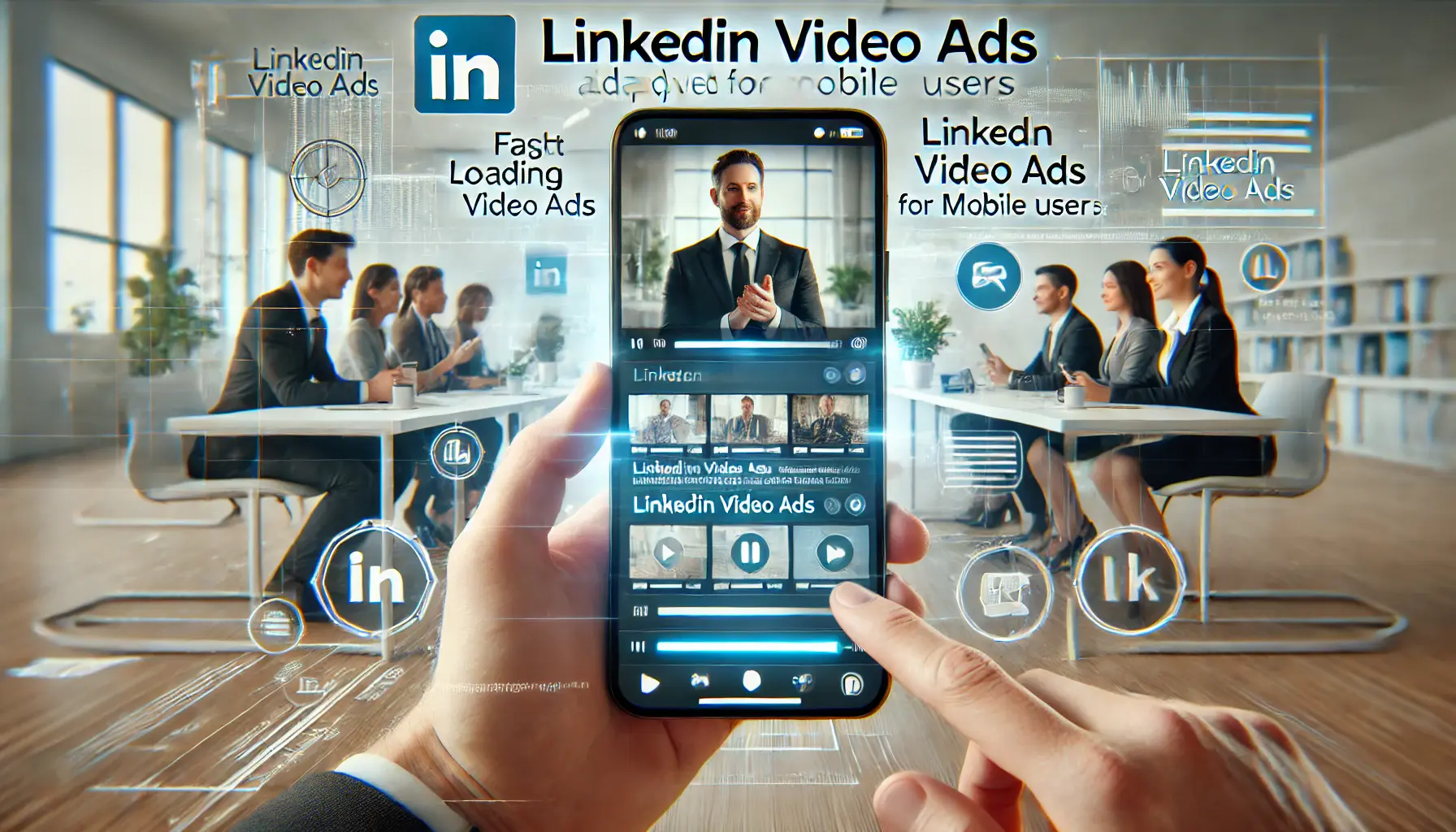 A realistic visual of LinkedIn video ads on a mobile phone in a professional setting, showing smooth video playback and interaction.