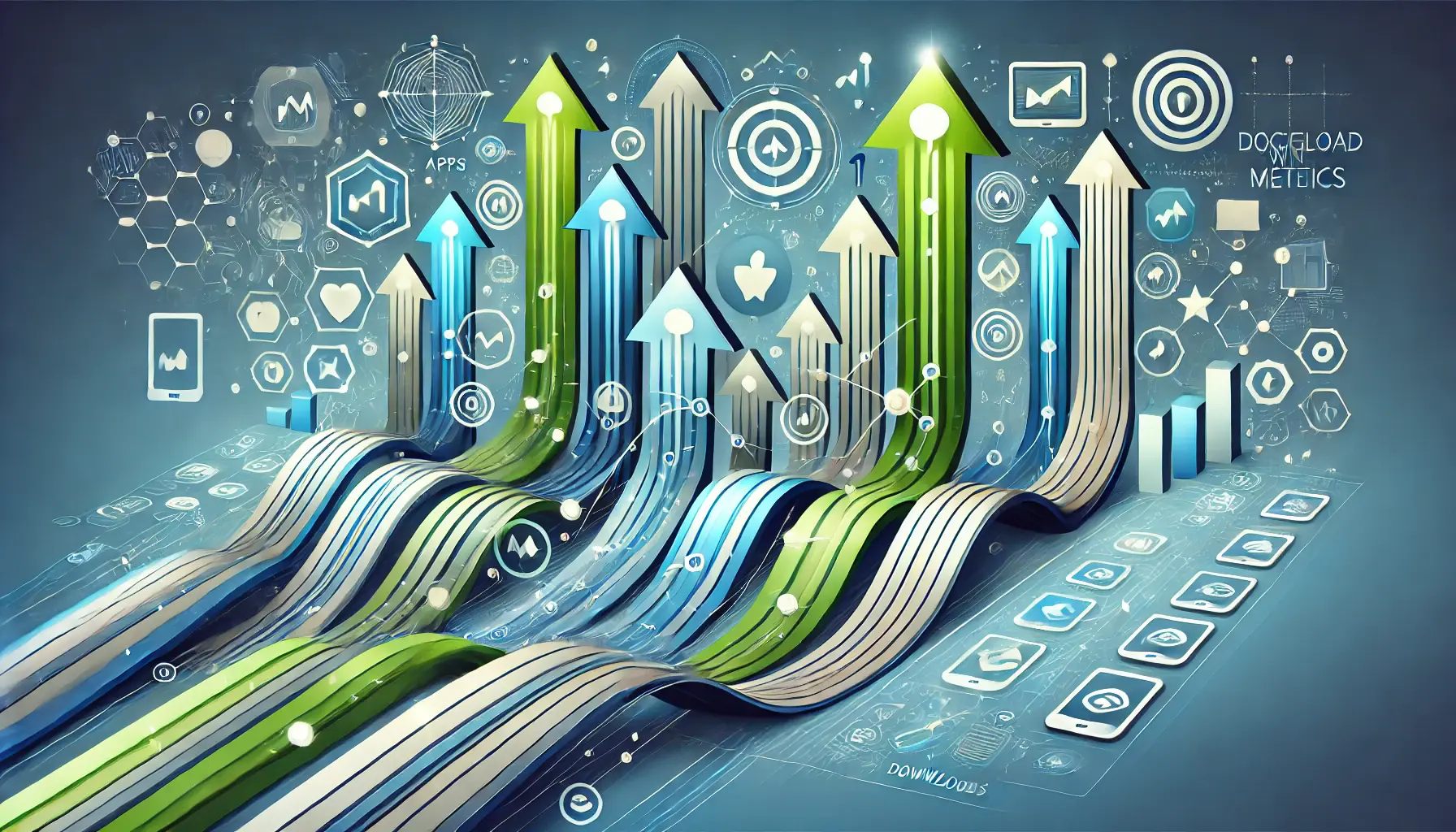 Abstract representation showing upward arrows, app icons, and growth indicators to symbolize strategies for boosting download metrics