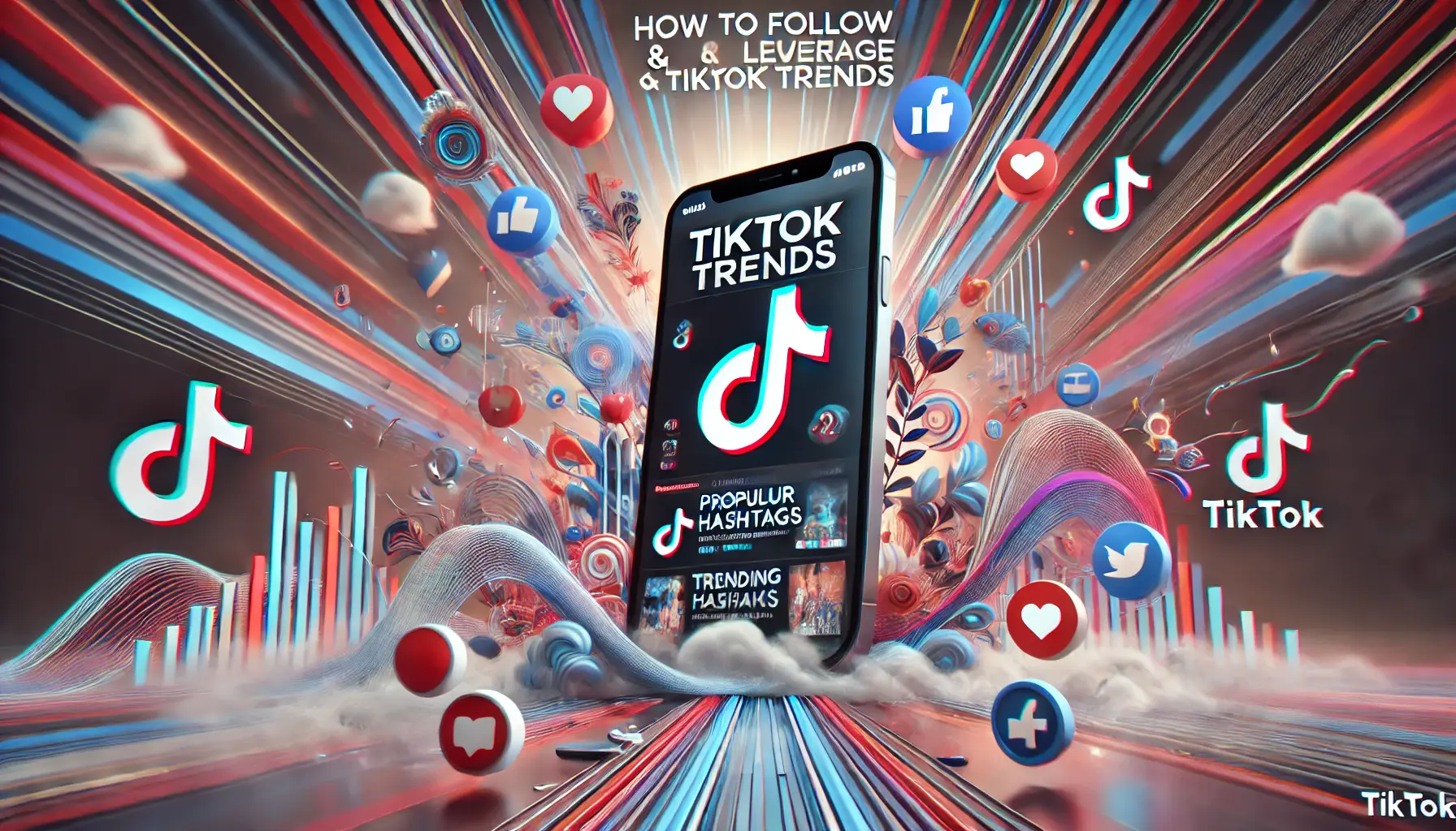 An image representing how to follow and leverage TikTok trends, featuring a smartphone displaying TikTok's 'For You' page with popular videos and trending hashtags, set against a dynamic and colorful background.