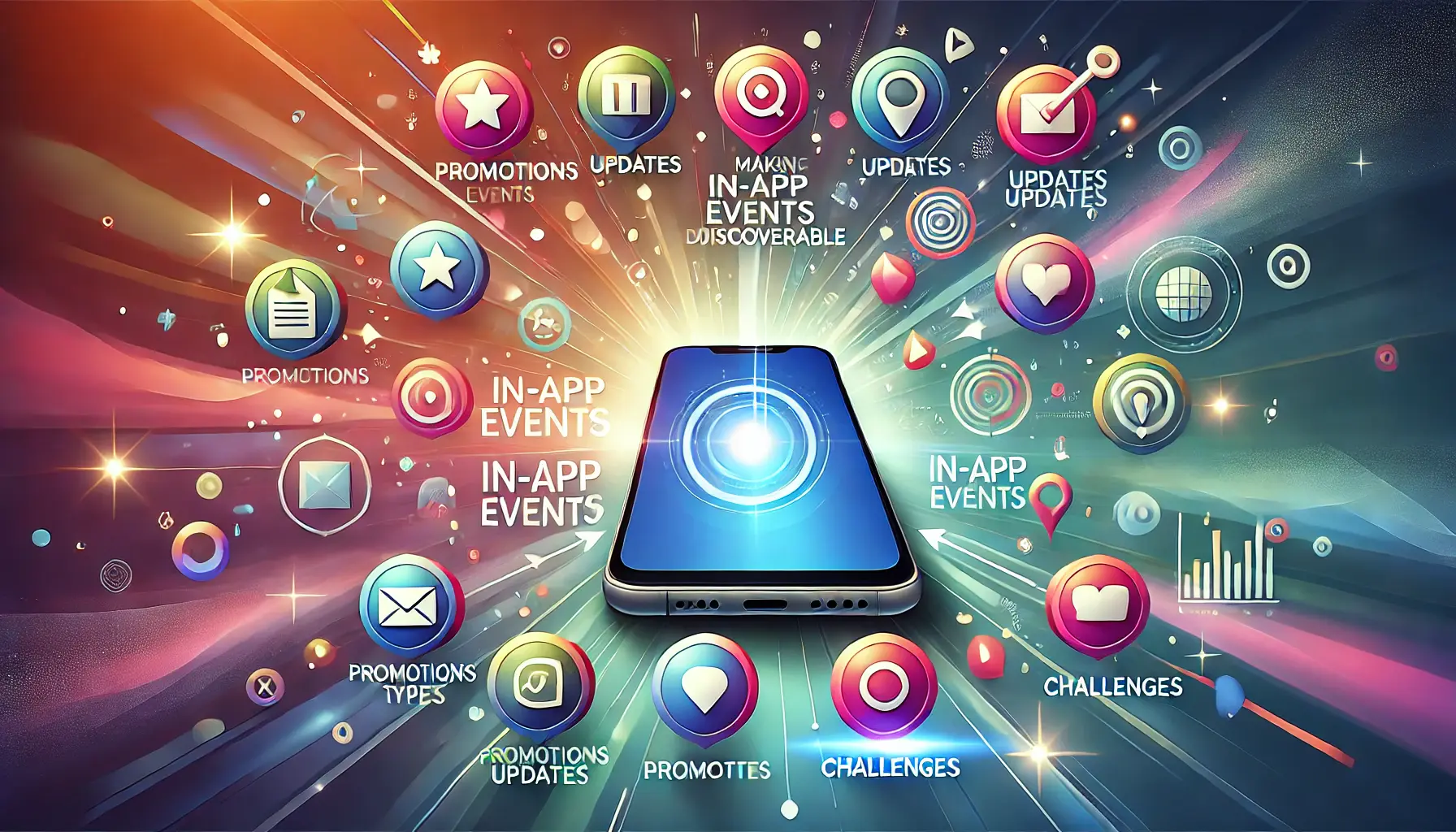 A smartphone surrounded by vibrant icons representing in-app event types like promotions and challenges, with dynamic lines symbolizing discoverability.