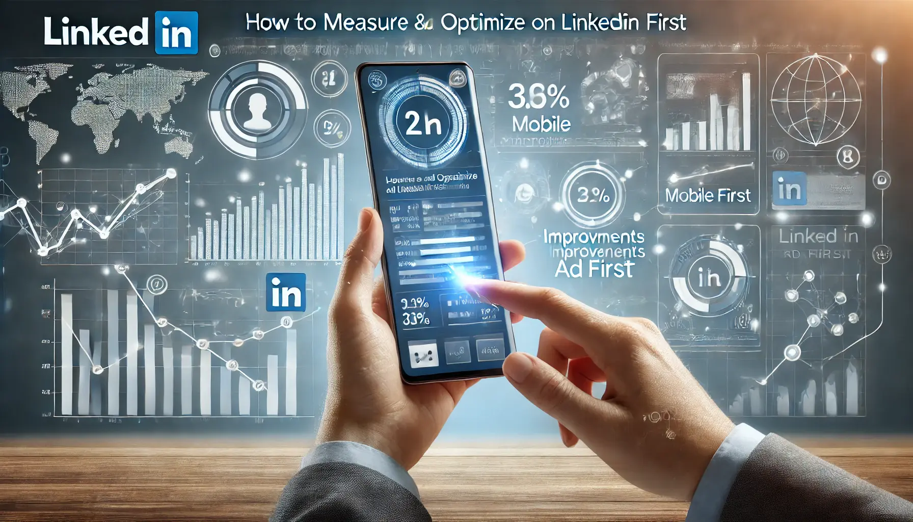 A mobile phone displaying LinkedIn ad performance metrics, with a professional optimizing ad performance using a digital interface.