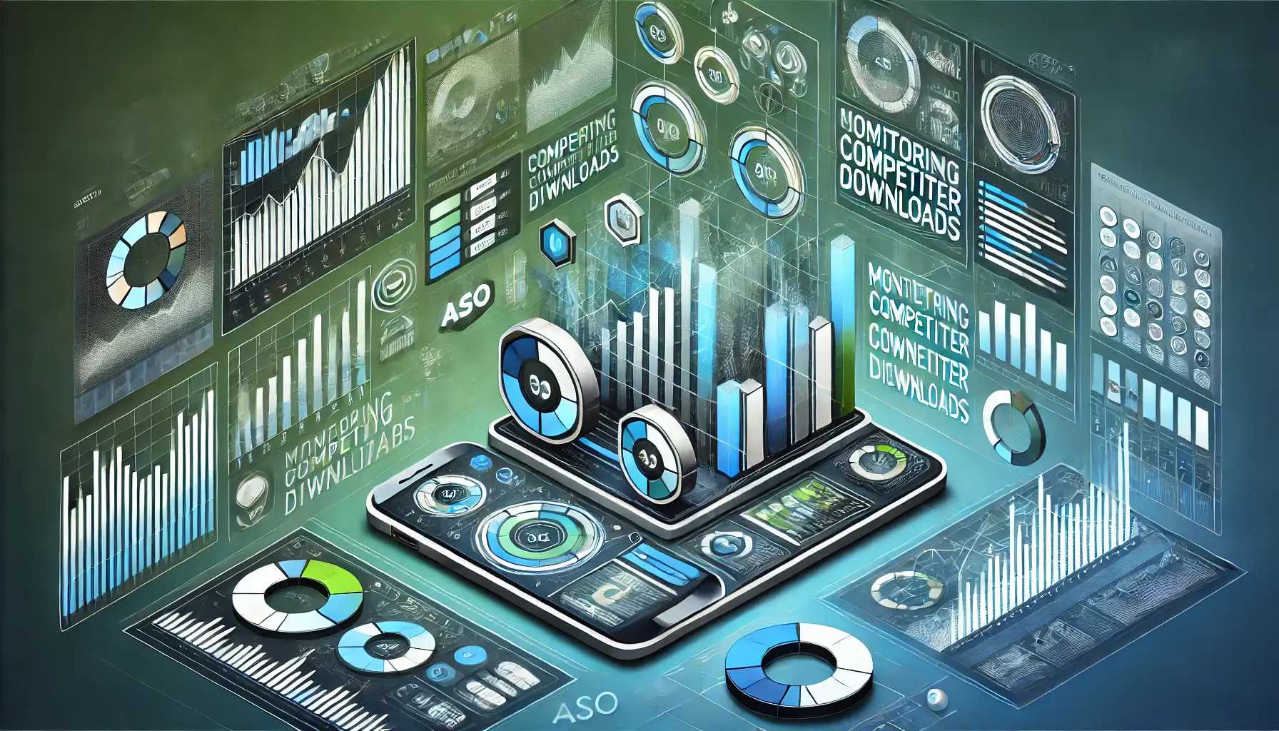 Abstract visual showing app icons, comparison charts, and tracking symbols representing monitoring competitor downloads for ASO