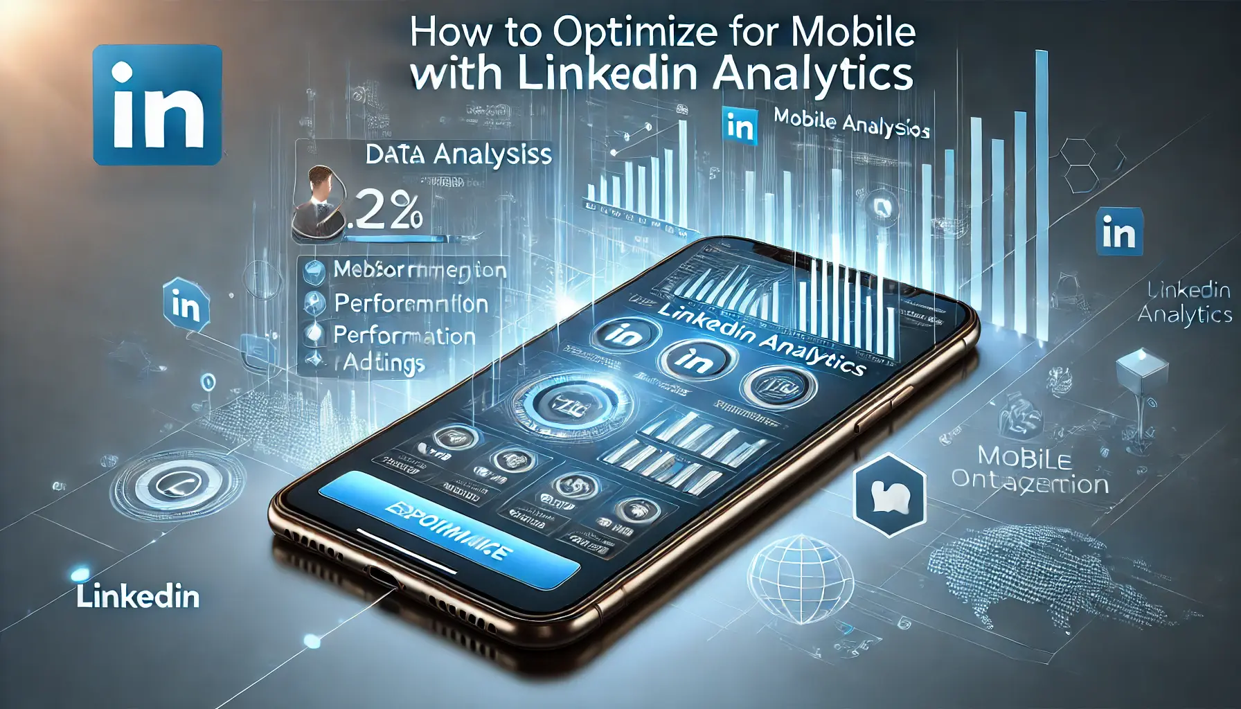 A mobile phone displaying LinkedIn analytics, with a professional analyzing performance metrics and optimizing ad settings for mobile.