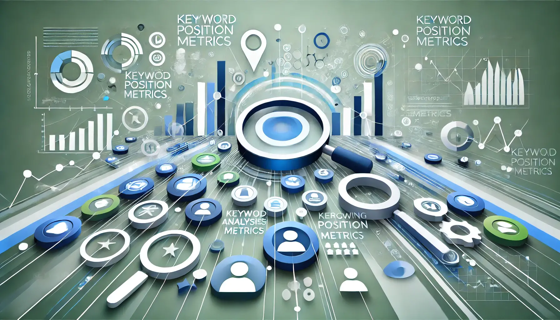 Abstract visual with keyword symbols, ranking indicators, and search icons representing the strategic analysis and optimization of keyword positions