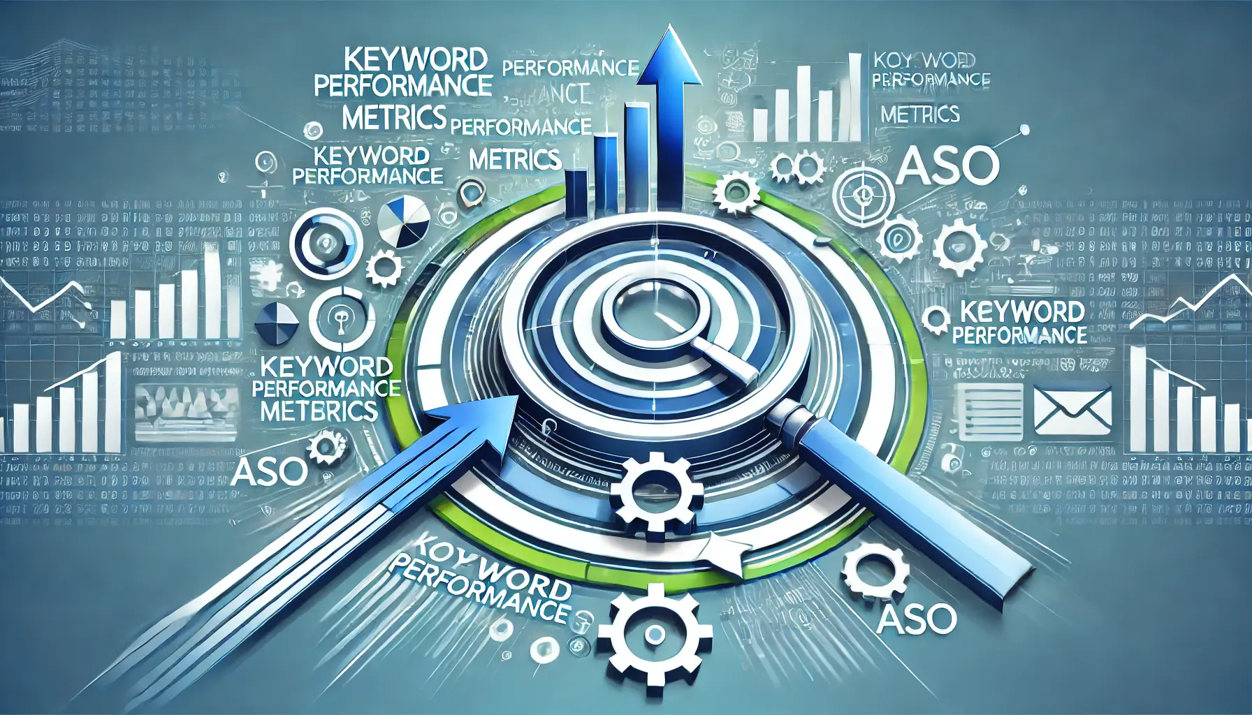 Abstract visual with search icons, keyword symbols, and upward arrows representing the optimization of keyword performance for ASO improvement