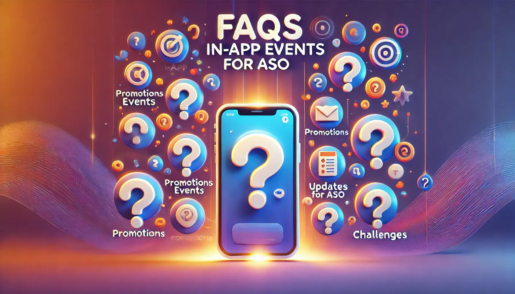 A smartphone surrounded by glowing question marks and icons representing various in-app events like promotions, updates, and challenges.