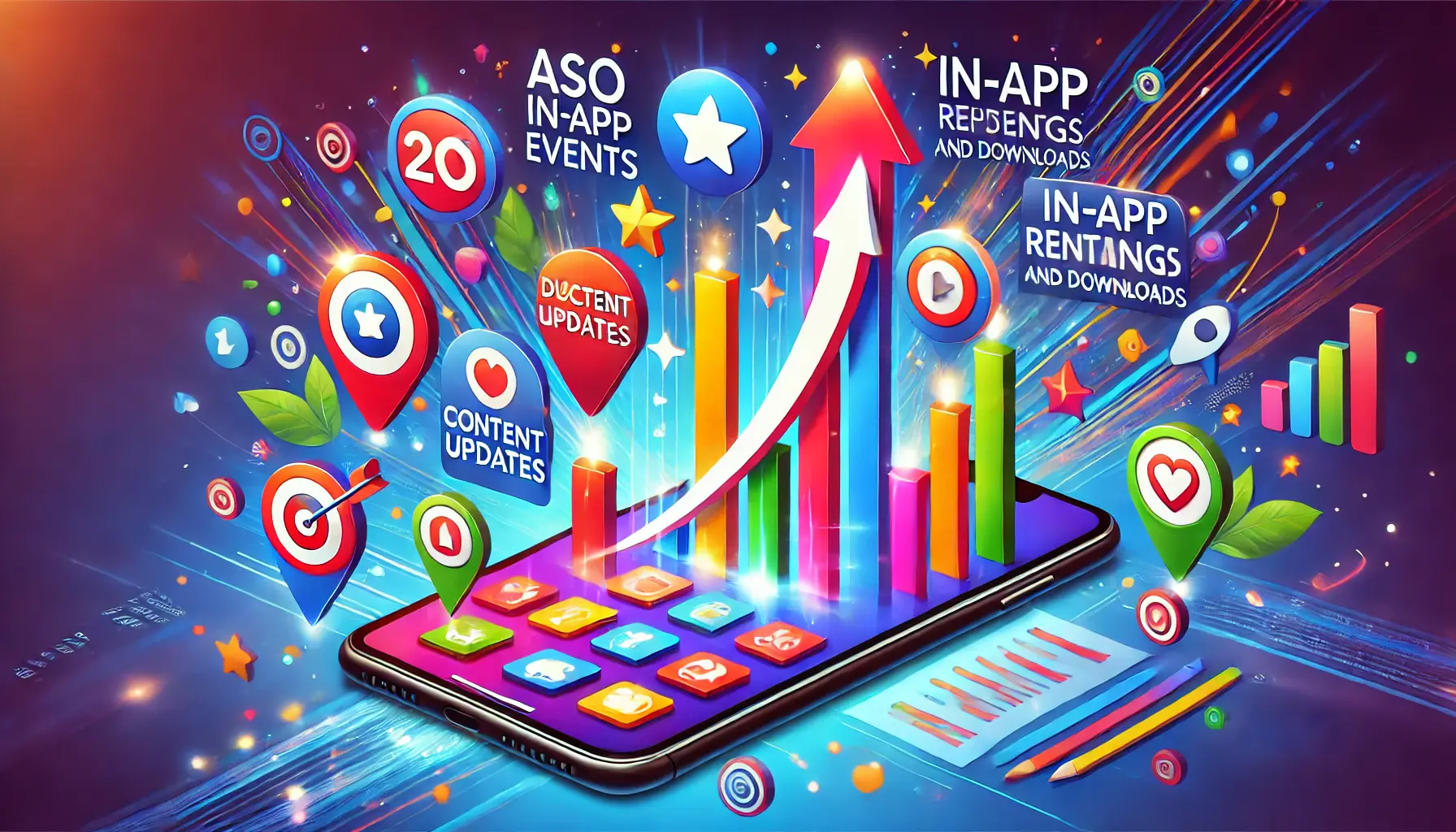 A smartphone featuring vibrant icons representing in-app events, connected to an upward-growing graph symbolizing improved app rankings.