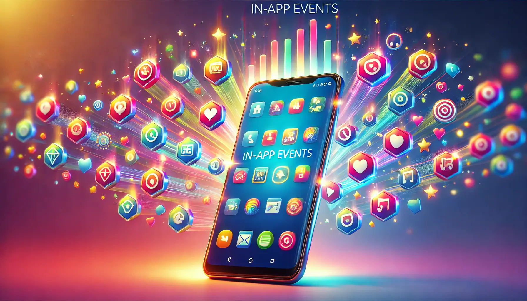 A smartphone at the center with vibrant icons floating around it, representing various in-app events such as promotions and challenges.