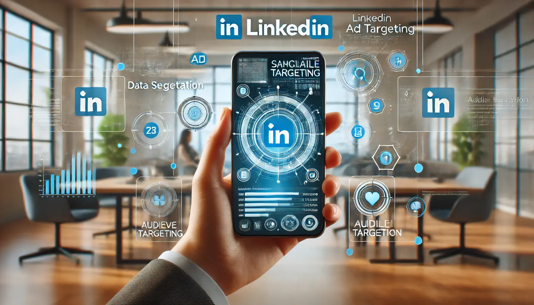 A mobile phone displaying LinkedIn ad targeting tools in use by a professional in a modern workspace.