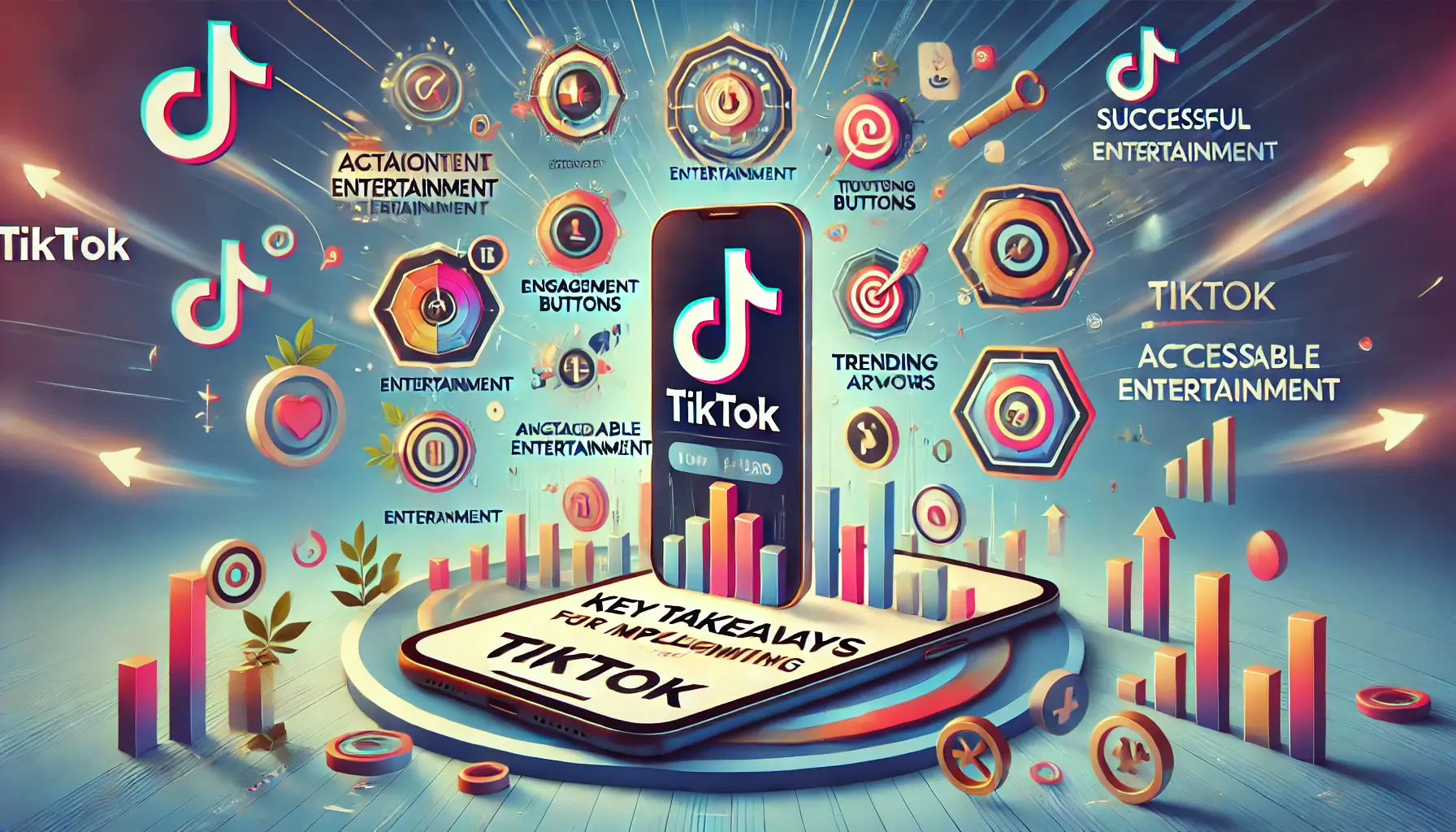 An image representing key takeaways for implementing actionable entertainment on TikTok, featuring a smartphone screen displaying symbols of successful ad elements like engagement buttons and trending arrows, set against a vibrant and dynamic background.