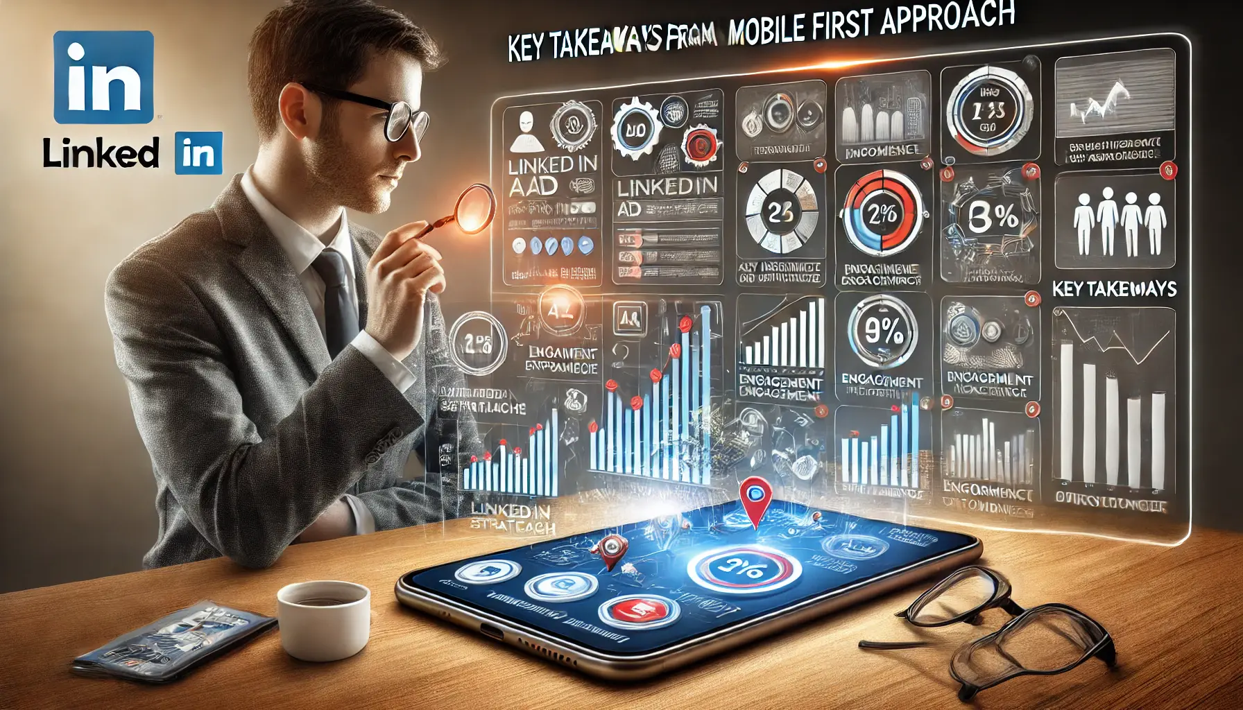 A mobile phone displaying LinkedIn ad performance insights and metrics, symbolizing the key takeaways from a mobile-first strategy.