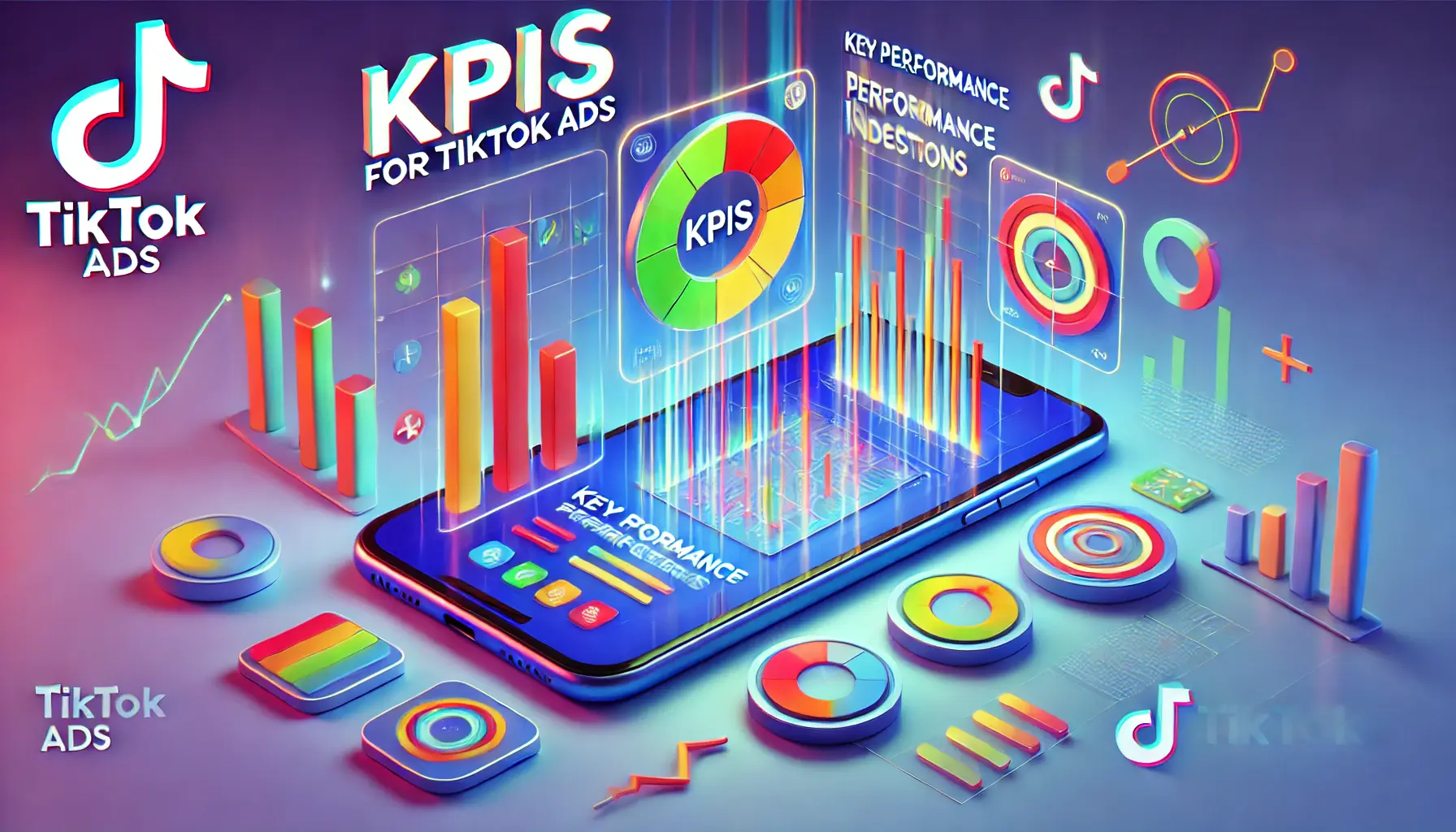 An image representing key performance indicators (KPIs) for TikTok ads, featuring a smartphone screen displaying an analytics interface with charts and graphs, set against a vibrant and dynamic background.