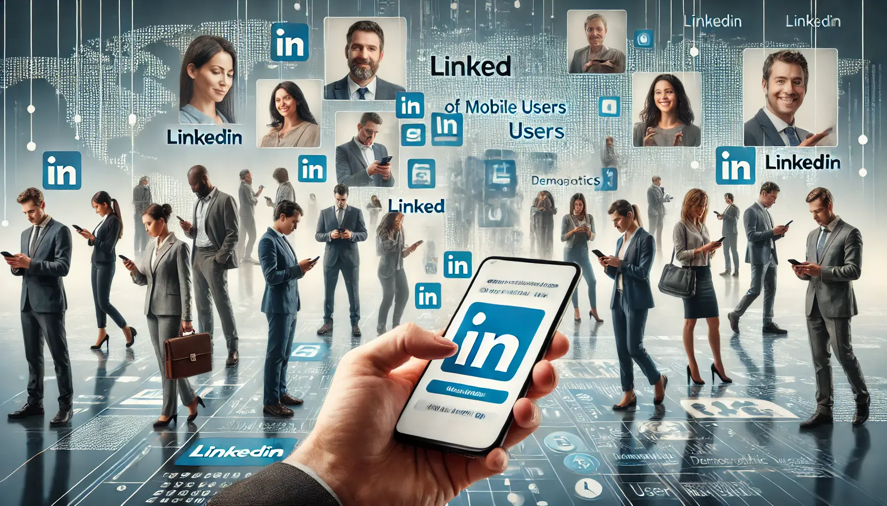 Diverse professionals using their mobile phones to interact with LinkedIn in various environments.