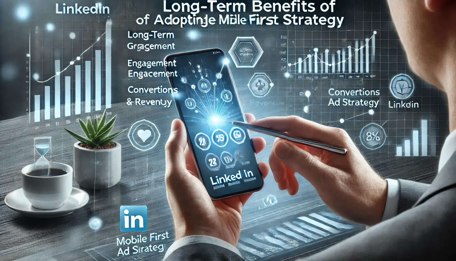 A mobile phone displaying long-term growth metrics such as engagement and conversions from a LinkedIn ad campaign, symbolizing the benefits of a mobile-first strategy.