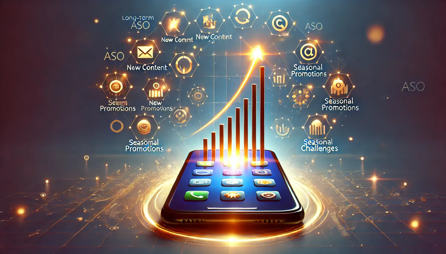 A smartphone with an upward growth chart emerging from it, surrounded by glowing icons representing in-app events like promotions and challenges.