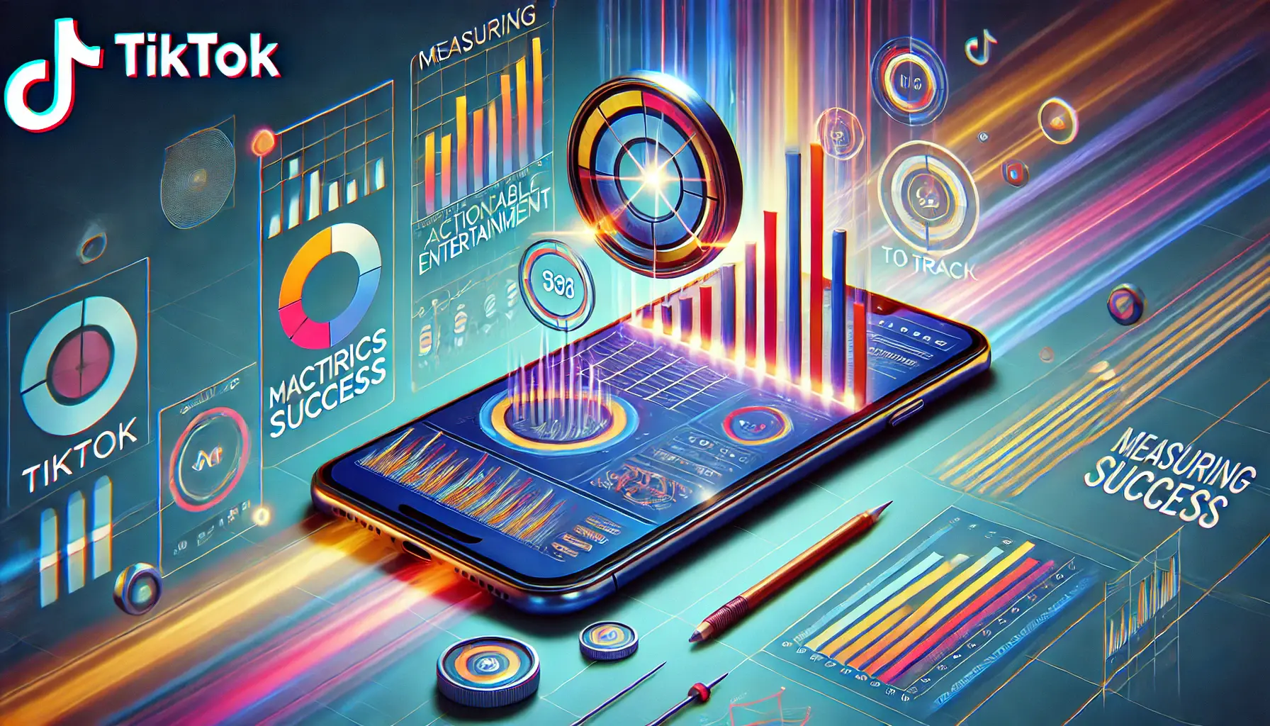 An image representing the measurement of success through metrics for actionable entertainment in TikTok ads, featuring a smartphone screen displaying analytics with charts and graphs, set against a vibrant and dynamic background.