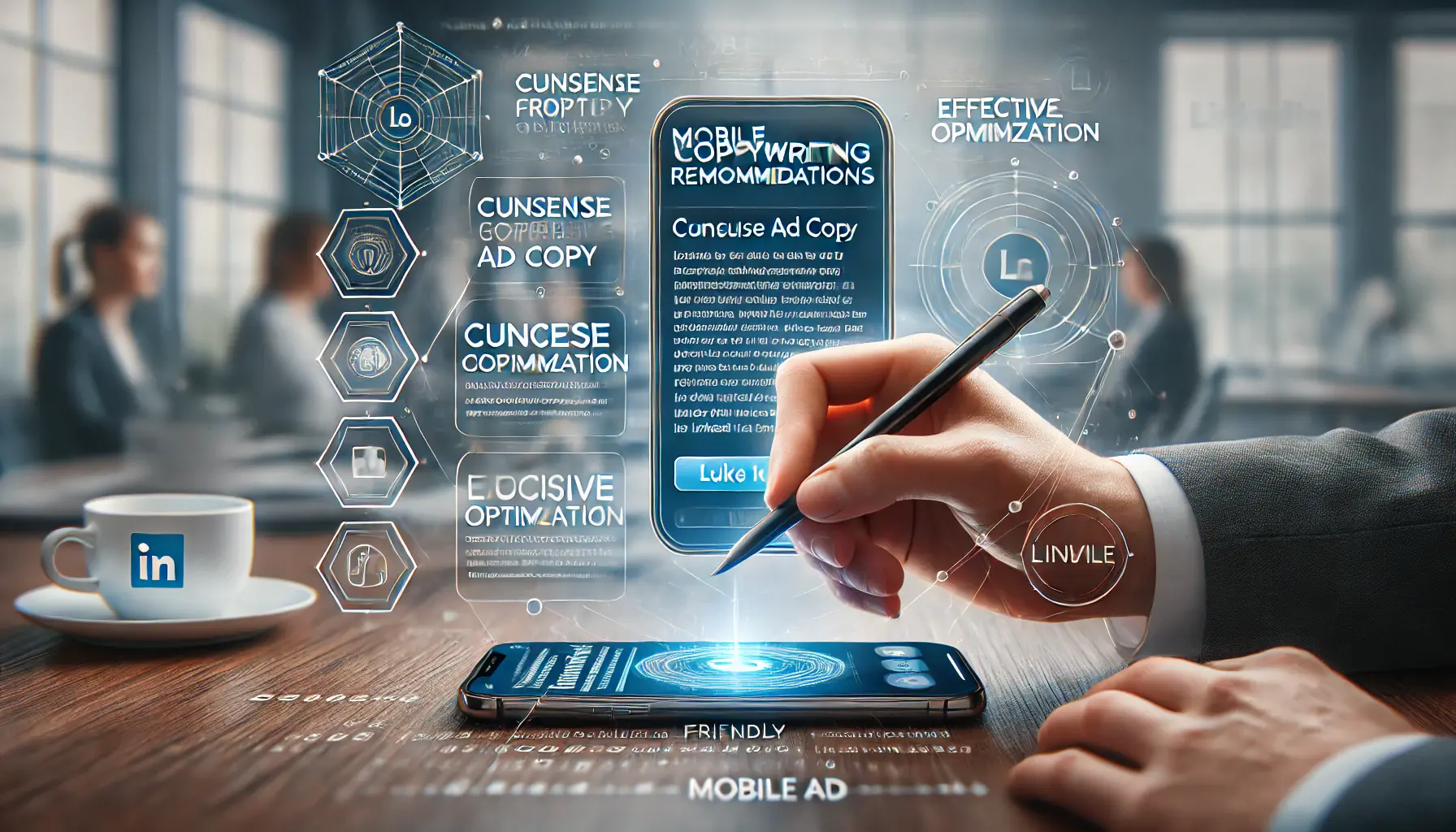 A mobile phone displaying concise and impactful ad copywriting in a professional setting, highlighting mobile-friendly ad design.