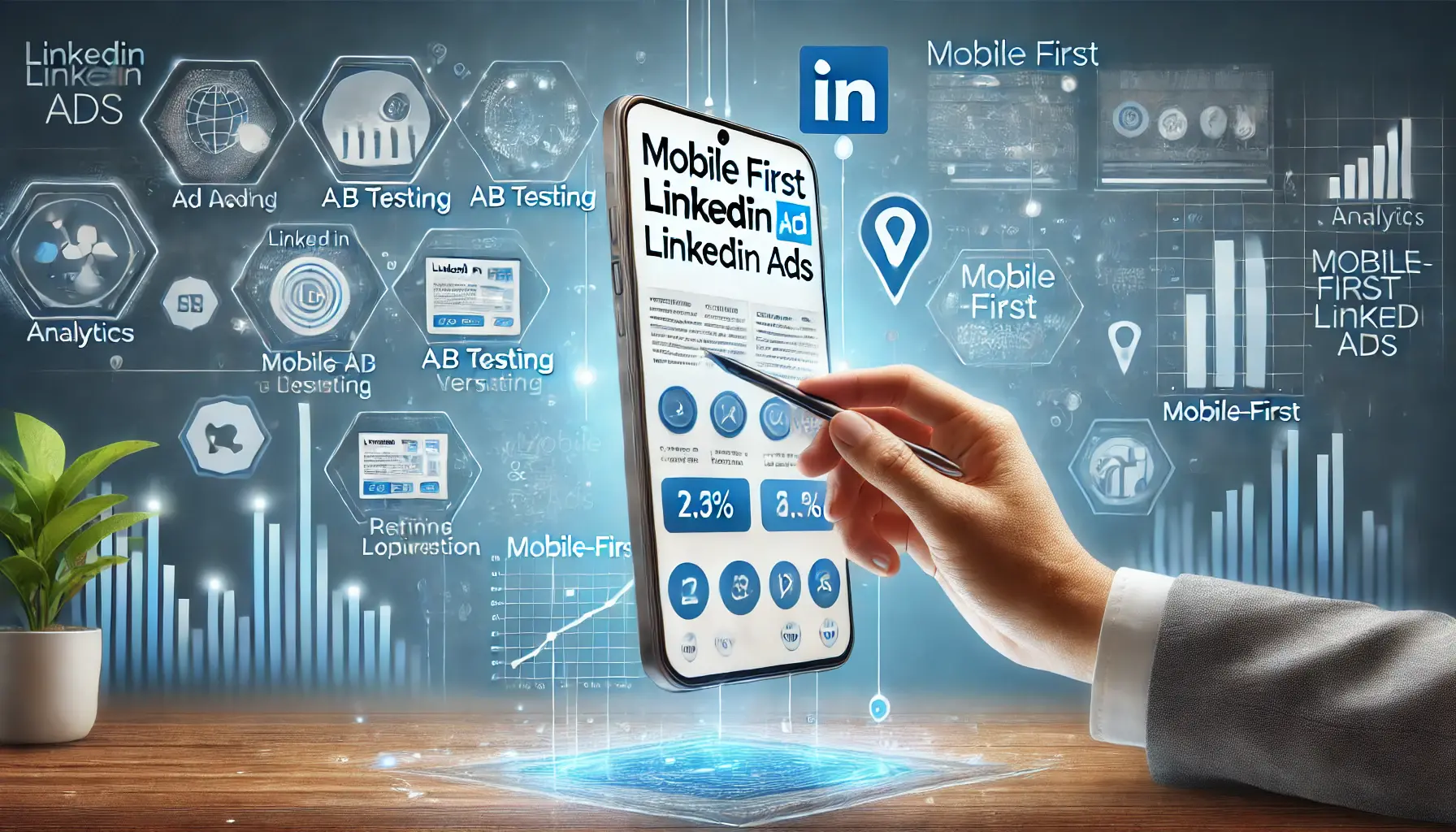 A mobile phone displaying different variations of LinkedIn ads with a professional using a testing tool to compare ad performance.