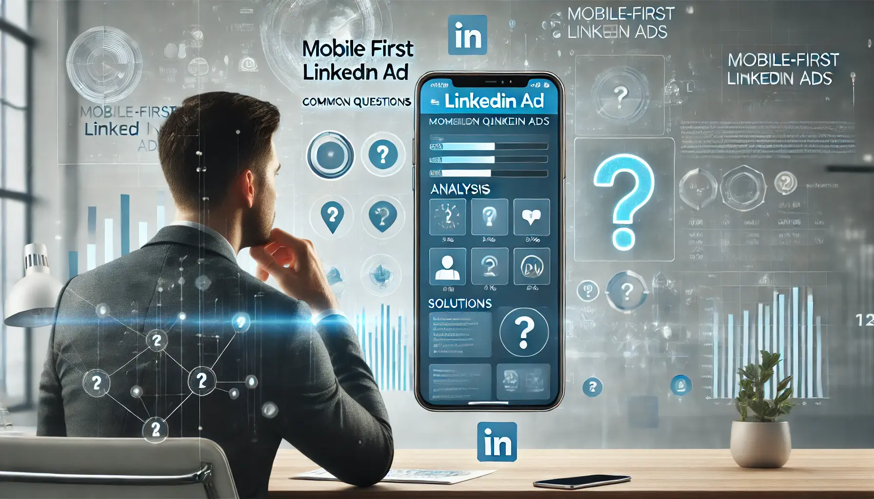 A mobile phone displaying a LinkedIn ad campaign dashboard with performance metrics, symbolizing analysis and questions about mobile-first strategies.