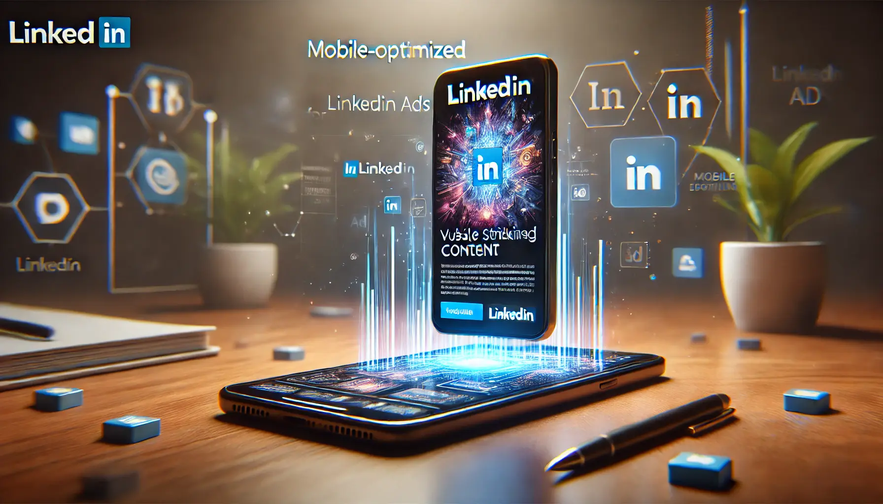 A mobile phone displaying a visually engaging LinkedIn ad, optimized for mobile with sharp visuals and seamless interaction.