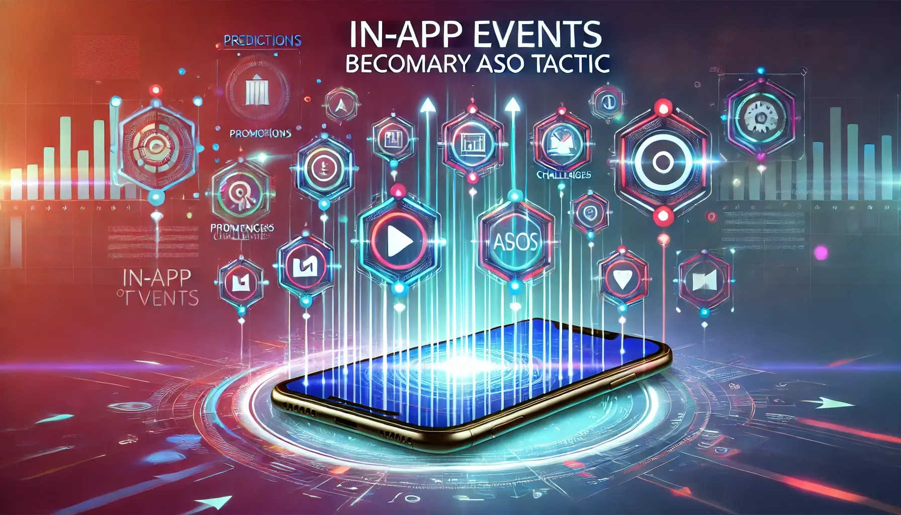 A smartphone displaying futuristic, glowing icons representing in-app events like promotions, challenges, and updates, connected to forward-looking elements symbolizing the future of ASO strategy.