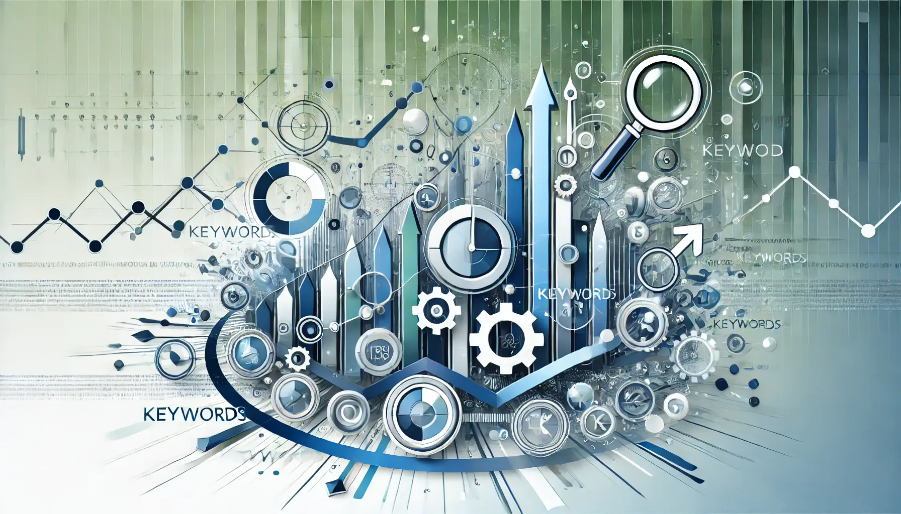 Abstract visual with time progression symbols, keyword indicators, and upward trending arrows representing the tracking and analysis of keyword performance over time