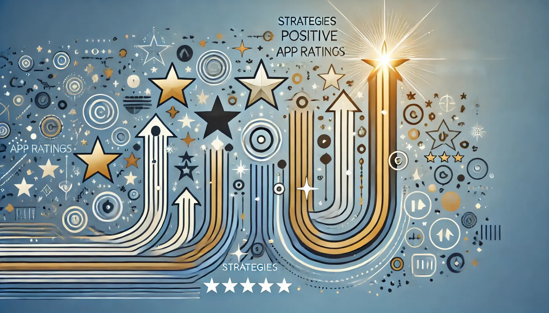 Abstract visual with stars, upward arrows, and user interaction elements symbolizing growth in app ratings