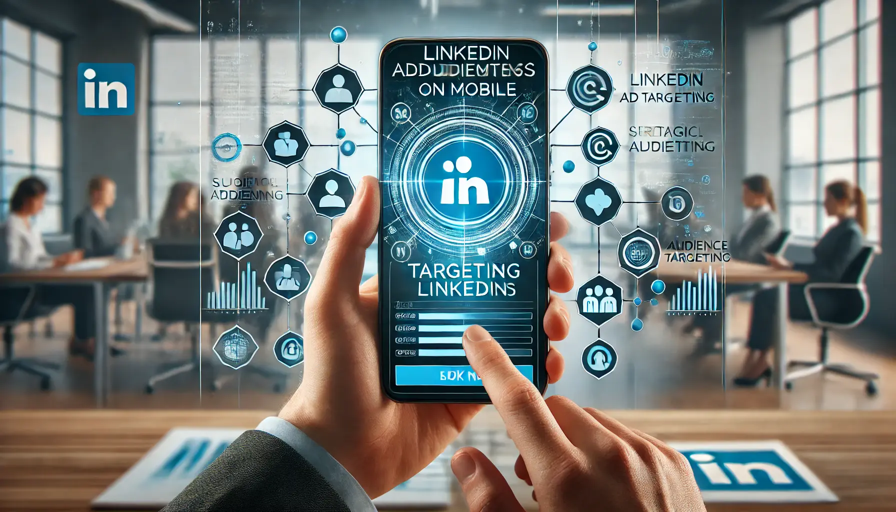 A mobile phone displaying a LinkedIn ad targeting interface held by a professional in a business setting.