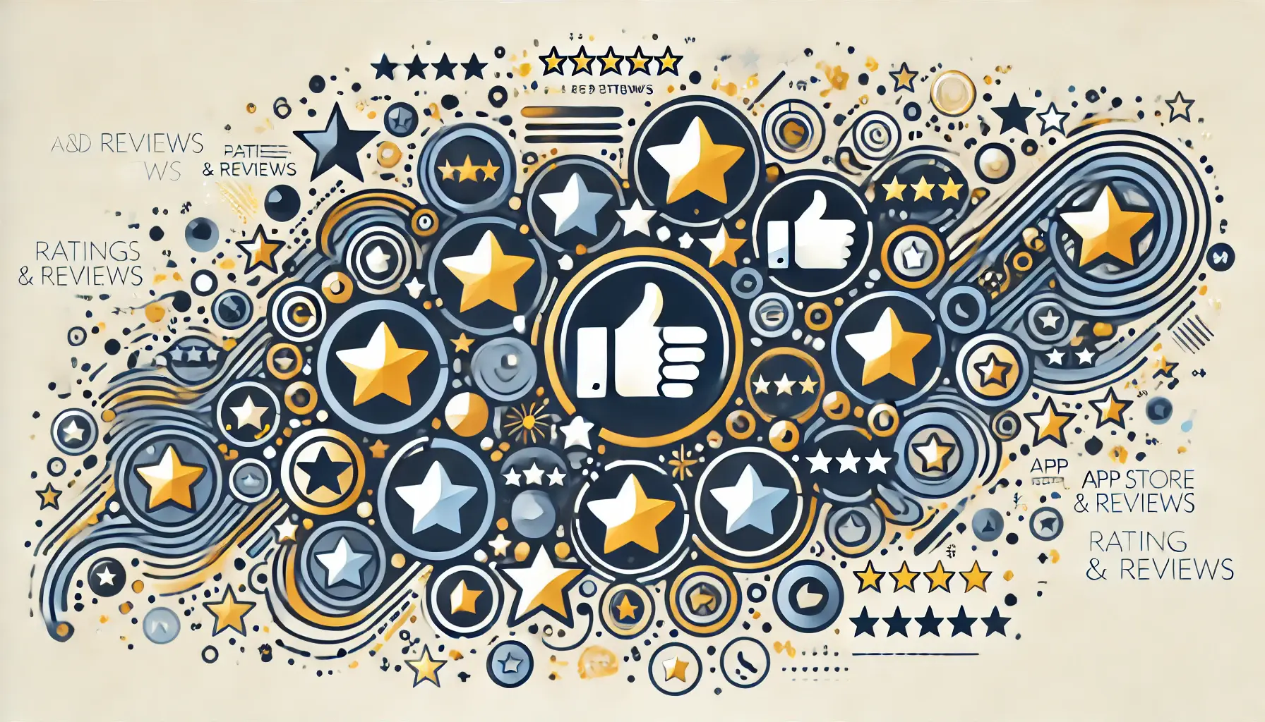 Abstract visual with stars, thumbs-up icons, and review symbols representing the impact of ratings and reviews on app store metrics